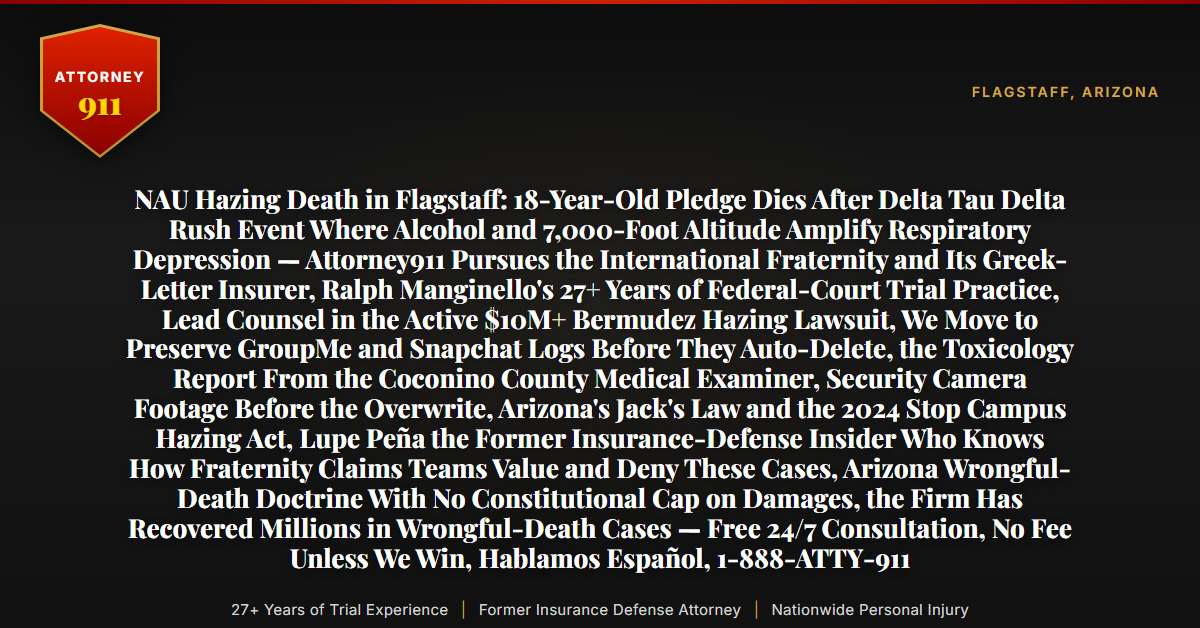 NAU Hazing Death in Flagstaff: 18-Year-Old Pledge Dies After Delta Tau Delta Rush Event Where Alcohol and 7,000-Foot Altitude Amplify Respiratory Depression — Attorney911 Pursues the International Fraternity and Its Greek-Letter Insurer, Ralph Manginello's 27+ Years of Federal-Court Trial Practice, Lead Counsel in the Active $10M+ Bermudez Hazing Lawsuit, We Move to Preserve GroupMe and Snapchat Logs Before They Auto-Delete, the Toxicology Report From the Coconino County Medical Examiner, Security Camera Footage Before the Overwrite, Arizona's Jack's Law and the 2024 Stop Campus Hazing Act, Lupe Peña the Former Insurance-Defense Insider Who Knows How Fraternity Claims Teams Value and Deny These Cases, Arizona Wrongful-Death Doctrine With No Constitutional Cap on Damages, the Firm Has Recovered Millions in Wrongful-Death Cases — Free 24/7 Consultation, No Fee Unless We Win, Hablamos Español, 1-888-ATTY-911 - Attorney911