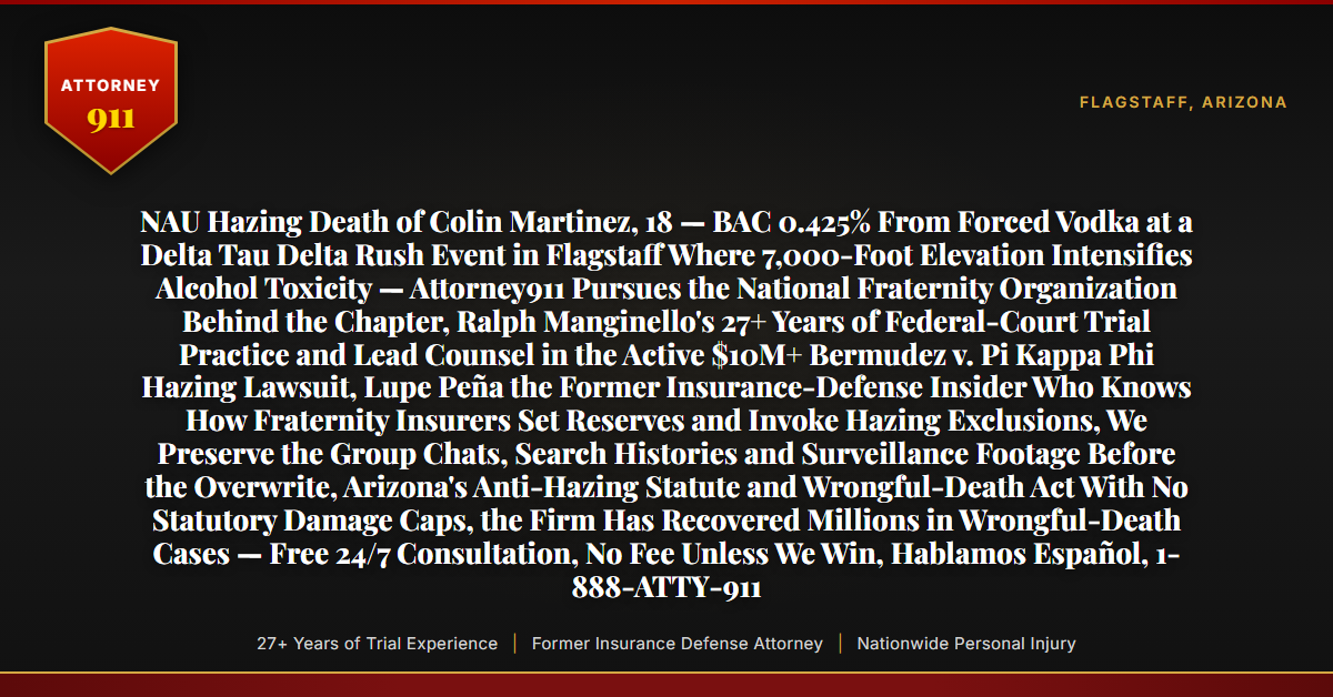 NAU Hazing Death of Colin Martinez, 18 — BAC 0.425% From Forced Vodka at a Delta Tau Delta Rush Event in Flagstaff Where 7,000-Foot Elevation Intensifies Alcohol Toxicity — Attorney911 Pursues the National Fraternity Organization Behind the Chapter, Ralph Manginello's 27+ Years of Federal-Court Trial Practice and Lead Counsel in the Active $10M+ Bermudez v. Pi Kappa Phi Hazing Lawsuit, Lupe Peña the Former Insurance-Defense Insider Who Knows How Fraternity Insurers Set Reserves and Invoke Hazing Exclusions, We Preserve the Group Chats, Search Histories and Surveillance Footage Before the Overwrite, Arizona's Anti-Hazing Statute and Wrongful-Death Act With No Statutory Damage Caps, the Firm Has Recovered Millions in Wrongful-Death Cases — Free 24/7 Consultation, No Fee Unless We Win, Hablamos Español, 1-888-ATTY-911 - Attorney911