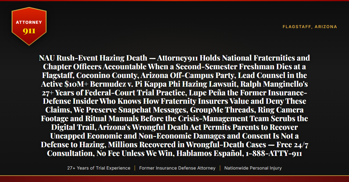 NAU Rush-Event Hazing Death — Attorney911 Holds National Fraternities and Chapter Officers Accountable When a Second-Semester Freshman Dies at a Flagstaff, Coconino County, Arizona Off-Campus Party, Lead Counsel in the Active $10M+ Bermudez v. Pi Kappa Phi Hazing Lawsuit, Ralph Manginello's 27+ Years of Federal-Court Trial Practice, Lupe Peña the Former Insurance-Defense Insider Who Knows How Fraternity Insurers Value and Deny These Claims, We Preserve Snapchat Messages, GroupMe Threads, Ring Camera Footage and Ritual Manuals Before the Crisis-Management Team Scrubs the Digital Trail, Arizona's Wrongful Death Act Permits Parents to Recover Uncapped Economic and Non-Economic Damages and Consent Is Not a Defense to Hazing, Millions Recovered in Wrongful-Death Cases — Free 24/7 Consultation, No Fee Unless We Win, Hablamos Español, 1-888-ATTY-911 - Attorney911
