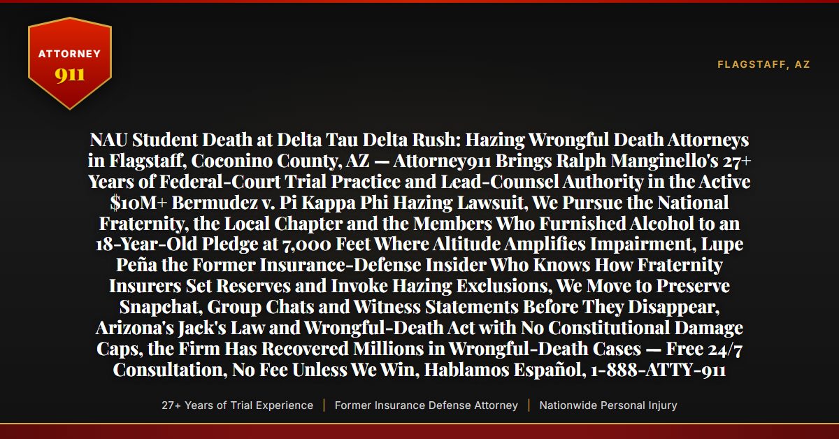 NAU Student Death at Delta Tau Delta Rush: Hazing Wrongful Death Attorneys in Flagstaff, Coconino County, AZ — Attorney911 Brings Ralph Manginello's 27+ Years of Federal-Court Trial Practice and Lead-Counsel Authority in the Active $10M+ Bermudez v. Pi Kappa Phi Hazing Lawsuit, We Pursue the National Fraternity, the Local Chapter and the Members Who Furnished Alcohol to an 18-Year-Old Pledge at 7,000 Feet Where Altitude Amplifies Impairment, Lupe Peña the Former Insurance-Defense Insider Who Knows How Fraternity Insurers Set Reserves and Invoke Hazing Exclusions, We Move to Preserve Snapchat, Group Chats and Witness Statements Before They Disappear, Arizona's Jack's Law and Wrongful-Death Act with No Constitutional Damage Caps, the Firm Has Recovered Millions in Wrongful-Death Cases — Free 24/7 Consultation, No Fee Unless We Win, Hablamos Español, 1-888-ATTY-911 - Attorney911