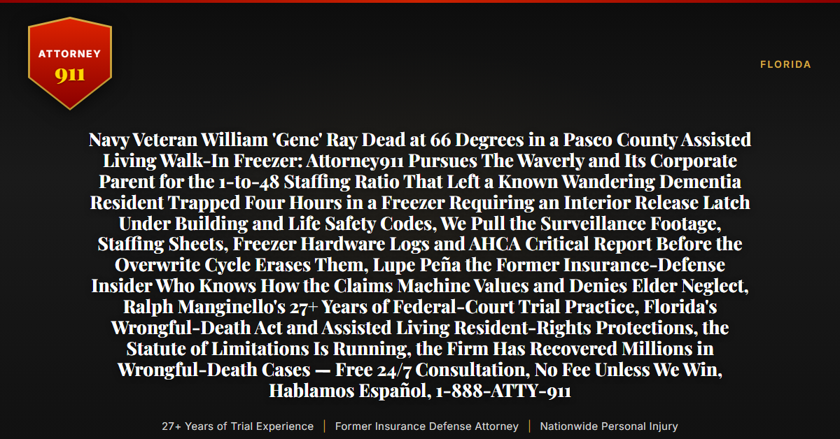 Navy Veteran William 'Gene' Ray Dead at 66 Degrees in a Pasco County Assisted Living Walk-In Freezer: Attorney911 Pursues The Waverly and Its Corporate Parent for the 1-to-48 Staffing Ratio That Left a Known Wandering Dementia Resident Trapped Four Hours in a Freezer Requiring an Interior Release Latch Under Building and Life Safety Codes, We Pull the Surveillance Footage, Staffing Sheets, Freezer Hardware Logs and AHCA Critical Report Before the Overwrite Cycle Erases Them, Lupe Peña the Former Insurance-Defense Insider Who Knows How the Claims Machine Values and Denies Elder Neglect, Ralph Manginello's 27+ Years of Federal-Court Trial Practice, Florida's Wrongful-Death Act and Assisted Living Resident-Rights Protections, the Statute of Limitations Is Running, the Firm Has Recovered Millions in Wrongful-Death Cases — Free 24/7 Consultation, No Fee Unless We Win, Hablamos Español, 1-888-ATTY-911 - Attorney911