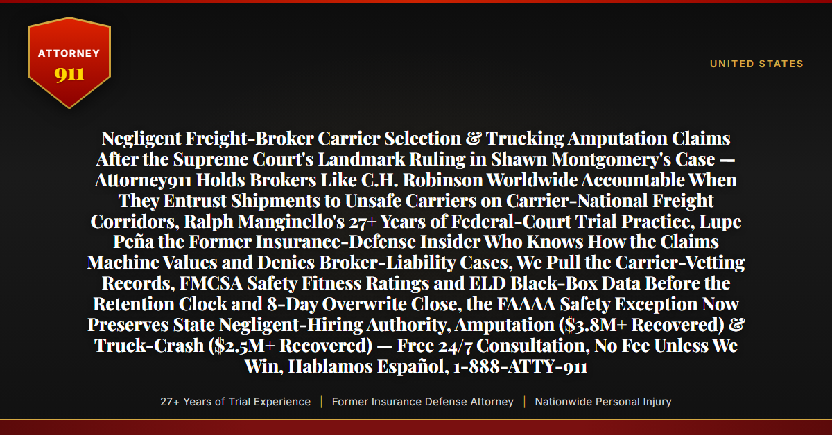 Negligent Freight-Broker Carrier Selection & Trucking Amputation Claims After the Supreme Court's Landmark Ruling in Shawn Montgomery's Case — Attorney911 Holds Brokers Like C.H. Robinson Worldwide Accountable When They Entrust Shipments to Unsafe Carriers on Carrier-National Freight Corridors, Ralph Manginello's 27+ Years of Federal-Court Trial Practice, Lupe Peña the Former Insurance-Defense Insider Who Knows How the Claims Machine Values and Denies Broker-Liability Cases, We Pull the Carrier-Vetting Records, FMCSA Safety Fitness Ratings and ELD Black-Box Data Before the Retention Clock and 8-Day Overwrite Close, the FAAAA Safety Exception Now Preserves State Negligent-Hiring Authority, Amputation ($3.8M+ Recovered) & Truck-Crash ($2.5M+ Recovered) — Free 24/7 Consultation, No Fee Unless We Win, Hablamos Español, 1-888-ATTY-911 - Attorney911