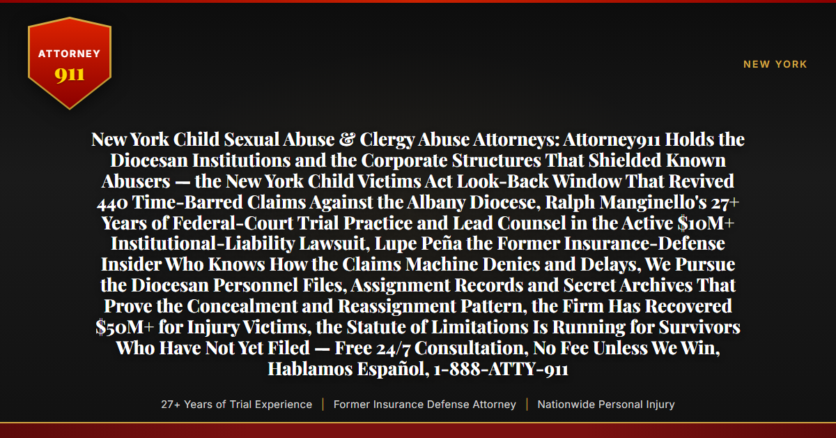 New York Child Sexual Abuse & Clergy Abuse Attorneys: Attorney911 Holds the Diocesan Institutions and the Corporate Structures That Shielded Known Abusers — the New York Child Victims Act Look-Back Window That Revived 440 Time-Barred Claims Against the Albany Diocese, Ralph Manginello's 27+ Years of Federal-Court Trial Practice and Lead Counsel in the Active $10M+ Institutional-Liability Lawsuit, Lupe Peña the Former Insurance-Defense Insider Who Knows How the Claims Machine Denies and Delays, We Pursue the Diocesan Personnel Files, Assignment Records and Secret Archives That Prove the Concealment and Reassignment Pattern, the Firm Has Recovered $50M+ for Injury Victims, the Statute of Limitations Is Running for Survivors Who Have Not Yet Filed — Free 24/7 Consultation, No Fee Unless We Win, Hablamos Español, 1-888-ATTY-911 - Attorney911