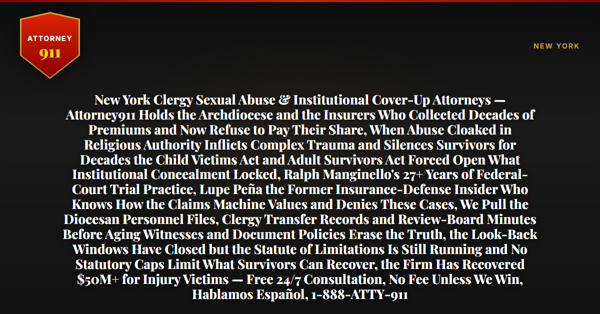 New York Clergy Sexual Abuse & Institutional Cover-Up Attorneys — Attorney911 Holds the Archdiocese and the Insurers Who Collected Decades of Premiums and Now Refuse to Pay Their Share, When Abuse Cloaked in Religious Authority Inflicts Complex Trauma and Silences Survivors for Decades the Child Victims Act and Adult Survivors Act Forced Open What Institutional Concealment Locked, Ralph Manginello's 27+ Years of Federal-Court Trial Practice, Lupe Peña the Former Insurance-Defense Insider Who Knows How the Claims Machine Values and Denies These Cases, We Pull the Diocesan Personnel Files, Clergy Transfer Records and Review-Board Minutes Before Aging Witnesses and Document Policies Erase the Truth, the Look-Back Windows Have Closed but the Statute of Limitations Is Still Running and No Statutory Caps Limit What Survivors Can Recover, the Firm Has Recovered $50M+ for Injury Victims — Free 24/7 Consultation, No Fee Unless We Win, Hablamos Español, 1-888-ATTY-911 - Attorney911