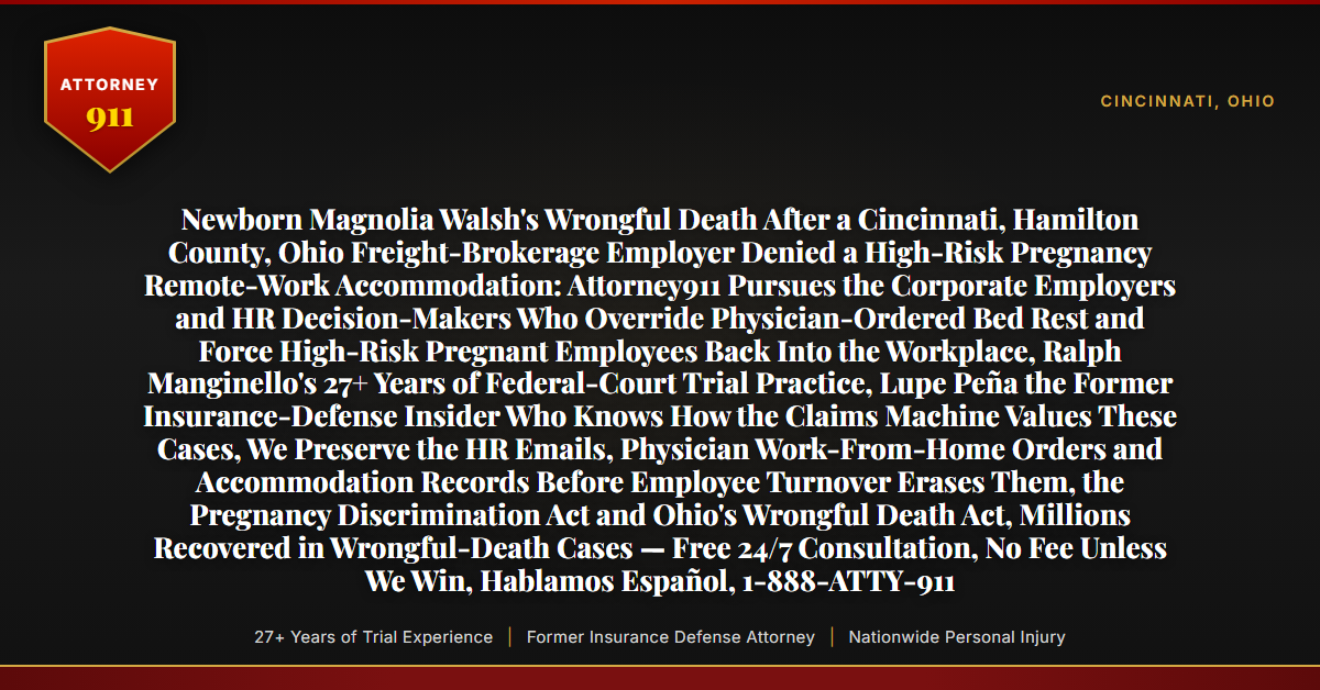 Newborn Magnolia Walsh's Wrongful Death After a Cincinnati, Hamilton County, Ohio Freight-Brokerage Employer Denied a High-Risk Pregnancy Remote-Work Accommodation: Attorney911 Pursues the Corporate Employers and HR Decision-Makers Who Override Physician-Ordered Bed Rest and Force High-Risk Pregnant Employees Back Into the Workplace, Ralph Manginello's 27+ Years of Federal-Court Trial Practice, Lupe Peña the Former Insurance-Defense Insider Who Knows How the Claims Machine Values These Cases, We Preserve the HR Emails, Physician Work-From-Home Orders and Accommodation Records Before Employee Turnover Erases Them, the Pregnancy Discrimination Act and Ohio's Wrongful Death Act, Millions Recovered in Wrongful-Death Cases — Free 24/7 Consultation, No Fee Unless We Win, Hablamos Español, 1-888-ATTY-911 - Attorney911