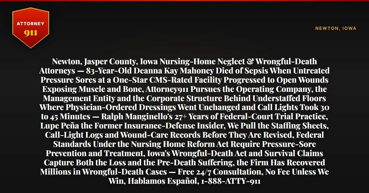 Newton, Jasper County, Iowa Nursing-Home Neglect & Wrongful-Death Attorneys — 83-Year-Old Deanna Kay Mahoney Died of Sepsis When Untreated Pressure Sores at a One-Star CMS-Rated Facility Progressed to Open Wounds Exposing Muscle and Bone, Attorney911 Pursues the Operating Company, the Management Entity and the Corporate Structure Behind Understaffed Floors Where Physician-Ordered Dressings Went Unchanged and Call Lights Took 30 to 45 Minutes — Ralph Manginello's 27+ Years of Federal-Court Trial Practice, Lupe Peña the Former Insurance-Defense Insider, We Pull the Staffing Sheets, Call-Light Logs and Wound-Care Records Before They Are Revised, Federal Standards Under the Nursing Home Reform Act Require Pressure-Sore Prevention and Treatment, Iowa's Wrongful-Death Act and Survival Claims Capture Both the Loss and the Pre-Death Suffering, the Firm Has Recovered Millions in Wrongful-Death Cases — Free 24/7 Consultation, No Fee Unless We Win, Hablamos Español, 1-888-ATTY-911 - Attorney911