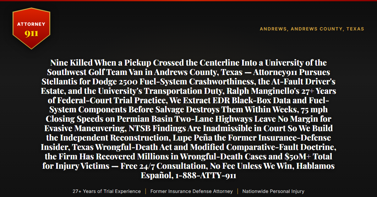 Nine Killed When a Pickup Crossed the Centerline Into a University of the Southwest Golf Team Van in Andrews County, Texas — Attorney911 Pursues Stellantis for Dodge 2500 Fuel-System Crashworthiness, the At-Fault Driver's Estate, and the University's Transportation Duty, Ralph Manginello's 27+ Years of Federal-Court Trial Practice, We Extract EDR Black-Box Data and Fuel-System Components Before Salvage Destroys Them Within Weeks, 75 mph Closing Speeds on Permian Basin Two-Lane Highways Leave No Margin for Evasive Maneuvering, NTSB Findings Are Inadmissible in Court So We Build the Independent Reconstruction, Lupe Peña the Former Insurance-Defense Insider, Texas Wrongful-Death Act and Modified Comparative-Fault Doctrine, the Firm Has Recovered Millions in Wrongful-Death Cases and $50M+ Total for Injury Victims — Free 24/7 Consultation, No Fee Unless We Win, Hablamos Español, 1-888-ATTY-911 - Attorney911