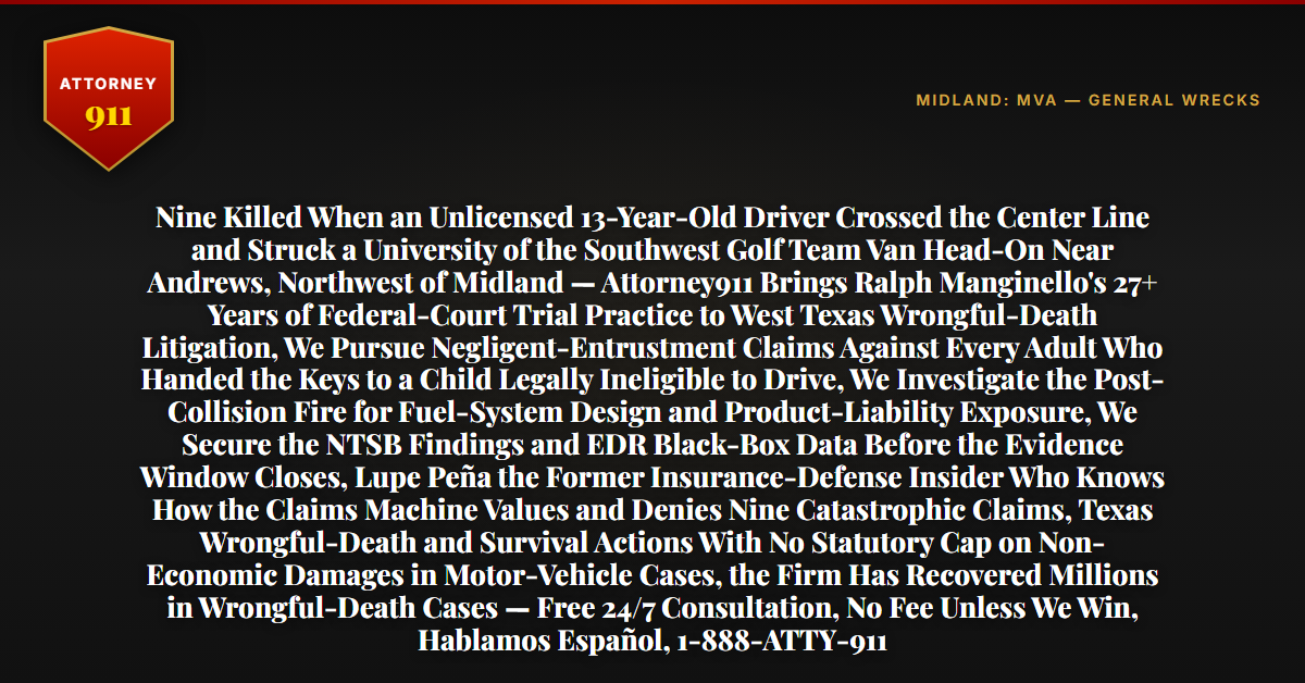 Nine Killed When an Unlicensed 13-Year-Old Driver Crossed the Center Line and Struck a University of the Southwest Golf Team Van Head-On Near Andrews, Northwest of Midland — Attorney911 Brings Ralph Manginello's 27+ Years of Federal-Court Trial Practice to West Texas Wrongful-Death Litigation, We Pursue Negligent-Entrustment Claims Against Every Adult Who Handed the Keys to a Child Legally Ineligible to Drive, We Investigate the Post-Collision Fire for Fuel-System Design and Product-Liability Exposure, We Secure the NTSB Findings and EDR Black-Box Data Before the Evidence Window Closes, Lupe Peña the Former Insurance-Defense Insider Who Knows How the Claims Machine Values and Denies Nine Catastrophic Claims, Texas Wrongful-Death and Survival Actions With No Statutory Cap on Non-Economic Damages in Motor-Vehicle Cases, the Firm Has Recovered Millions in Wrongful-Death Cases — Free 24/7 Consultation, No Fee Unless We Win, Hablamos Español, 1-888-ATTY-911 - Attorney911