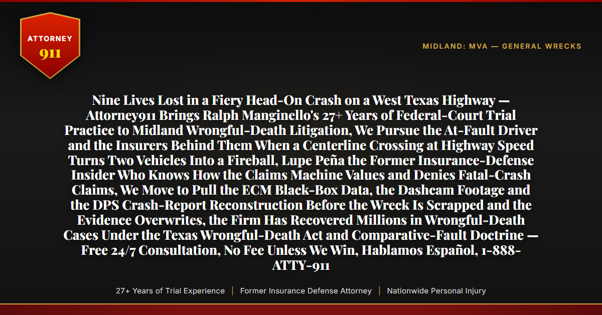 Nine Lives Lost in a Fiery Head-On Crash on a West Texas Highway — Attorney911 Brings Ralph Manginello's 27+ Years of Federal-Court Trial Practice to Midland Wrongful-Death Litigation, We Pursue the At-Fault Driver and the Insurers Behind Them When a Centerline Crossing at Highway Speed Turns Two Vehicles Into a Fireball, Lupe Peña the Former Insurance-Defense Insider Who Knows How the Claims Machine Values and Denies Fatal-Crash Claims, We Move to Pull the ECM Black-Box Data, the Dashcam Footage and the DPS Crash-Report Reconstruction Before the Wreck Is Scrapped and the Evidence Overwrites, the Firm Has Recovered Millions in Wrongful-Death Cases Under the Texas Wrongful-Death Act and Comparative-Fault Doctrine — Free 24/7 Consultation, No Fee Unless We Win, Hablamos Español, 1-888-ATTY-911 - Attorney911