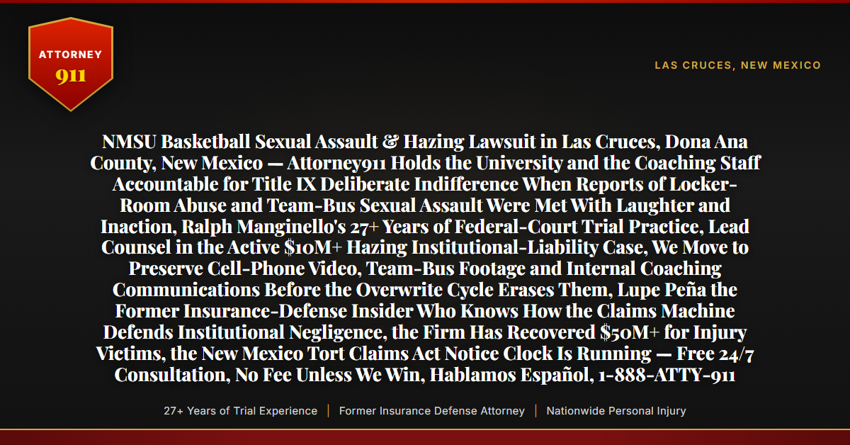 NMSU Basketball Sexual Assault & Hazing Lawsuit in Las Cruces, Dona Ana County, New Mexico — Attorney911 Holds the University and the Coaching Staff Accountable for Title IX Deliberate Indifference When Reports of Locker-Room Abuse and Team-Bus Sexual Assault Were Met With Laughter and Inaction, Ralph Manginello's 27+ Years of Federal-Court Trial Practice, Lead Counsel in the Active $10M+ Hazing Institutional-Liability Case, We Move to Preserve Cell-Phone Video, Team-Bus Footage and Internal Coaching Communications Before the Overwrite Cycle Erases Them, Lupe Peña the Former Insurance-Defense Insider Who Knows How the Claims Machine Defends Institutional Negligence, the Firm Has Recovered $50M+ for Injury Victims, the New Mexico Tort Claims Act Notice Clock Is Running — Free 24/7 Consultation, No Fee Unless We Win, Hablamos Español, 1-888-ATTY-911 - Attorney911