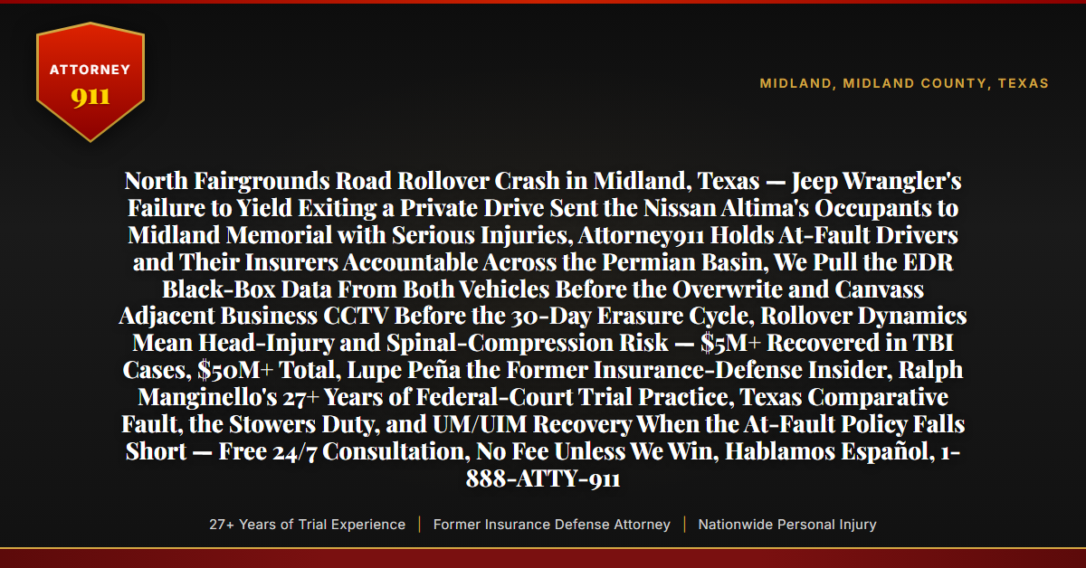 North Fairgrounds Road Rollover Crash in Midland, Texas — Jeep Wrangler's Failure to Yield Exiting a Private Drive Sent the Nissan Altima's Occupants to Midland Memorial with Serious Injuries, Attorney911 Holds At-Fault Drivers and Their Insurers Accountable Across the Permian Basin, We Pull the EDR Black-Box Data From Both Vehicles Before the Overwrite and Canvass Adjacent Business CCTV Before the 30-Day Erasure Cycle, Rollover Dynamics Mean Head-Injury and Spinal-Compression Risk — $5M+ Recovered in TBI Cases, $50M+ Total, Lupe Peña the Former Insurance-Defense Insider, Ralph Manginello's 27+ Years of Federal-Court Trial Practice, Texas Comparative Fault, the Stowers Duty, and UM/UIM Recovery When the At-Fault Policy Falls Short — Free 24/7 Consultation, No Fee Unless We Win, Hablamos Español, 1-888-ATTY-911 - Attorney911