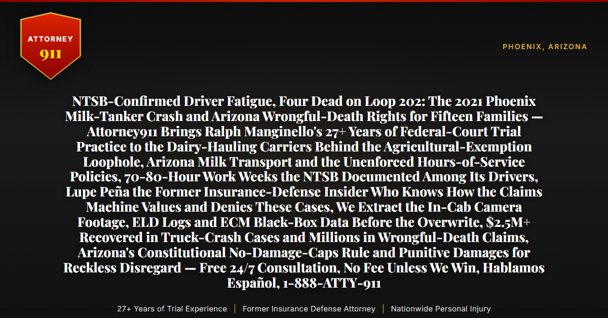 NTSB-Confirmed Driver Fatigue, Four Dead on Loop 202: The 2021 Phoenix Milk-Tanker Crash and Arizona Wrongful-Death Rights for Fifteen Families — Attorney911 Brings Ralph Manginello's 27+ Years of Federal-Court Trial Practice to the Dairy-Hauling Carriers Behind the Agricultural-Exemption Loophole, Arizona Milk Transport and the Unenforced Hours-of-Service Policies, 70-80-Hour Work Weeks the NTSB Documented Among Its Drivers, Lupe Peña the Former Insurance-Defense Insider Who Knows How the Claims Machine Values and Denies These Cases, We Extract the In-Cab Camera Footage, ELD Logs and ECM Black-Box Data Before the Overwrite, $2.5M+ Recovered in Truck-Crash Cases and Millions in Wrongful-Death Claims, Arizona's Constitutional No-Damage-Caps Rule and Punitive Damages for Reckless Disregard — Free 24/7 Consultation, No Fee Unless We Win, Hablamos Español, 1-888-ATTY-911 - Attorney911