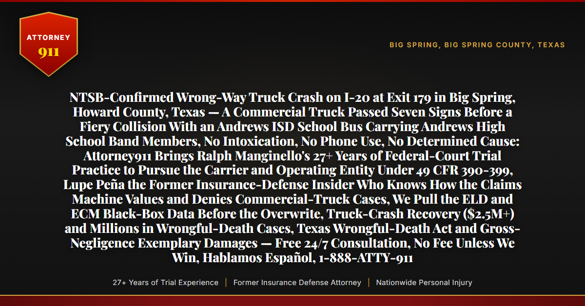 NTSB-Confirmed Wrong-Way Truck Crash on I-20 at Exit 179 in Big Spring, Howard County, Texas — A Commercial Truck Passed Seven Signs Before a Fiery Collision With an Andrews ISD School Bus Carrying Andrews High School Band Members, No Intoxication, No Phone Use, No Determined Cause: Attorney911 Brings Ralph Manginello's 27+ Years of Federal-Court Trial Practice to Pursue the Carrier and Operating Entity Under 49 CFR 390-399, Lupe Peña the Former Insurance-Defense Insider Who Knows How the Claims Machine Values and Denies Commercial-Truck Cases, We Pull the ELD and ECM Black-Box Data Before the Overwrite, Truck-Crash Recovery ($2.5M+) and Millions in Wrongful-Death Cases, Texas Wrongful-Death Act and Gross-Negligence Exemplary Damages — Free 24/7 Consultation, No Fee Unless We Win, Hablamos Español, 1-888-ATTY-911 - Attorney911