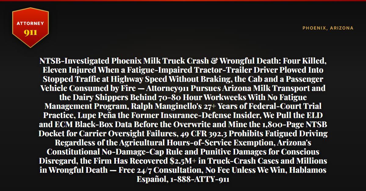 NTSB-Investigated Phoenix Milk Truck Crash & Wrongful Death: Four Killed, Eleven Injured When a Fatigue-Impaired Tractor-Trailer Driver Plowed Into Stopped Traffic at Highway Speed Without Braking, the Cab and a Passenger Vehicle Consumed by Fire — Attorney911 Pursues Arizona Milk Transport and the Dairy Shippers Behind 70-80 Hour Workweeks With No Fatigue Management Program, Ralph Manginello's 27+ Years of Federal-Court Trial Practice, Lupe Peña the Former Insurance-Defense Insider, We Pull the ELD and ECM Black-Box Data Before the Overwrite and Mine the 1,800-Page NTSB Docket for Carrier Oversight Failures, 49 CFR 392.3 Prohibits Fatigued Driving Regardless of the Agricultural Hours-of-Service Exemption, Arizona's Constitutional No-Damage-Cap Rule and Punitive Damages for Conscious Disregard, the Firm Has Recovered $2.5M+ in Truck-Crash Cases and Millions in Wrongful Death — Free 24/7 Consultation, No Fee Unless We Win, Hablamos Español, 1-888-ATTY-911 - Attorney911