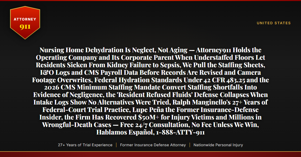 Nursing Home Dehydration Is Neglect, Not Aging — Attorney911 Holds the Operating Company and Its Corporate Parent When Understaffed Floors Let Residents Sicken From Kidney Failure to Sepsis, We Pull the Staffing Sheets, I&O Logs and CMS Payroll Data Before Records Are Revised and Camera Footage Overwrites, Federal Hydration Standards Under 42 CFR 483.25 and the 2026 CMS Minimum Staffing Mandate Convert Staffing Shortfalls Into Evidence of Negligence, the 'Resident Refused Fluids' Defense Collapses When Intake Logs Show No Alternatives Were Tried, Ralph Manginello's 27+ Years of Federal-Court Trial Practice, Lupe Peña the Former Insurance-Defense Insider, the Firm Has Recovered $50M+ for Injury Victims and Millions in Wrongful-Death Cases — Free 24/7 Consultation, No Fee Unless We Win, Hablamos Español, 1-888-ATTY-911 - Attorney911