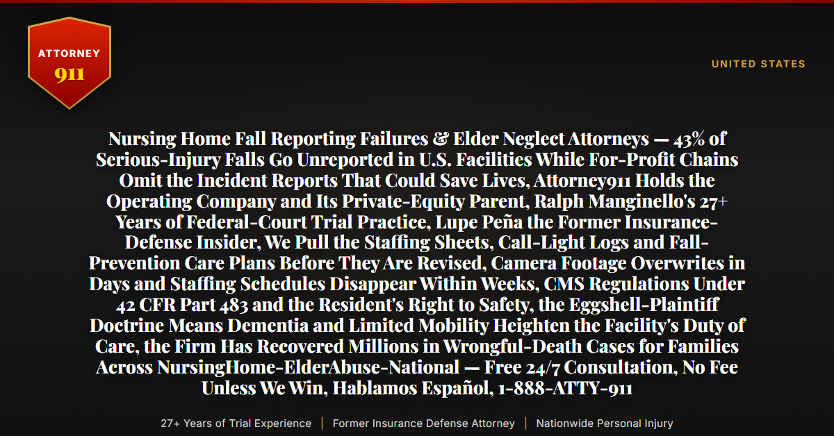 Nursing Home Fall Reporting Failures & Elder Neglect Attorneys — 43% of Serious-Injury Falls Go Unreported in U.S. Facilities While For-Profit Chains Omit the Incident Reports That Could Save Lives, Attorney911 Holds the Operating Company and Its Private-Equity Parent, Ralph Manginello's 27+ Years of Federal-Court Trial Practice, Lupe Peña the Former Insurance-Defense Insider, We Pull the Staffing Sheets, Call-Light Logs and Fall-Prevention Care Plans Before They Are Revised, Camera Footage Overwrites in Days and Staffing Schedules Disappear Within Weeks, CMS Regulations Under 42 CFR Part 483 and the Resident's Right to Safety, the Eggshell-Plaintiff Doctrine Means Dementia and Limited Mobility Heighten the Facility's Duty of Care, the Firm Has Recovered Millions in Wrongful-Death Cases for Families Across NursingHome-ElderAbuse-National — Free 24/7 Consultation, No Fee Unless We Win, Hablamos Español, 1-888-ATTY-911 - Attorney911