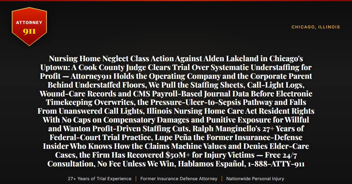 Nursing Home Neglect Class Action Against Alden Lakeland in Chicago's Uptown: A Cook County Judge Clears Trial Over Systematic Understaffing for Profit — Attorney911 Holds the Operating Company and the Corporate Parent Behind Understaffed Floors, We Pull the Staffing Sheets, Call-Light Logs, Wound-Care Records and CMS Payroll-Based Journal Data Before Electronic Timekeeping Overwrites, the Pressure-Ulcer-to-Sepsis Pathway and Falls From Unanswered Call Lights, Illinois Nursing Home Care Act Resident Rights With No Caps on Compensatory Damages and Punitive Exposure for Willful and Wanton Profit-Driven Staffing Cuts, Ralph Manginello's 27+ Years of Federal-Court Trial Practice, Lupe Peña the Former Insurance-Defense Insider Who Knows How the Claims Machine Values and Denies Elder-Care Cases, the Firm Has Recovered $50M+ for Injury Victims — Free 24/7 Consultation, No Fee Unless We Win, Hablamos Español, 1-888-ATTY-911 - Attorney911