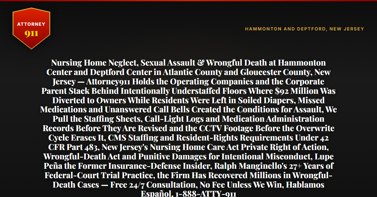 Nursing Home Neglect, Sexual Assault & Wrongful Death at Hammonton Center and Deptford Center in Atlantic County and Gloucester County, New Jersey — Attorney911 Holds the Operating Companies and the Corporate Parent Stack Behind Intentionally Understaffed Floors Where $92 Million Was Diverted to Owners While Residents Were Left in Soiled Diapers, Missed Medications and Unanswered Call Bells Created the Conditions for Assault, We Pull the Staffing Sheets, Call-Light Logs and Medication Administration Records Before They Are Revised and the CCTV Footage Before the Overwrite Cycle Erases It, CMS Staffing and Resident-Rights Requirements Under 42 CFR Part 483, New Jersey's Nursing Home Care Act Private Right of Action, Wrongful-Death Act and Punitive Damages for Intentional Misconduct, Lupe Peña the Former Insurance-Defense Insider, Ralph Manginello's 27+ Years of Federal-Court Trial Practice, the Firm Has Recovered Millions in Wrongful-Death Cases — Free 24/7 Consultation, No Fee Unless We Win, Hablamos Español, 1-888-ATTY-911 - Attorney911
