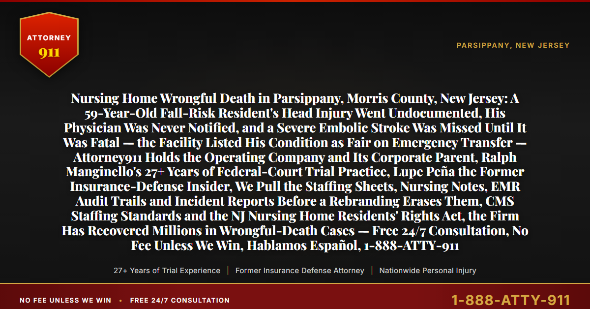 Nursing Home Wrongful Death in Parsippany, Morris County, New Jersey: A 59-Year-Old Fall-Risk Resident's Head Injury Went Undocumented, His Physician Was Never Notified, and a Severe Embolic Stroke Was Missed Until It Was Fatal — the Facility Listed His Condition as Fair on Emergency Transfer — Attorney911 Holds the Operating Company and Its Corporate Parent, Ralph Manginello's 27+ Years of Federal-Court Trial Practice, Lupe Peña the Former Insurance-Defense Insider, We Pull the Staffing Sheets, Nursing Notes, EMR Audit Trails and Incident Reports Before a Rebranding Erases Them, CMS Staffing Standards and the NJ Nursing Home Residents' Rights Act, the Firm Has Recovered Millions in Wrongful-Death Cases — Free 24/7 Consultation, No Fee Unless We Win, Hablamos Español, 1-888-ATTY-911 - Attorney911