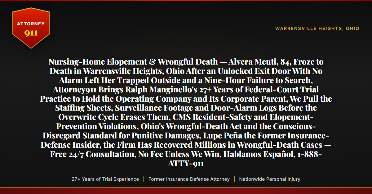 Nursing-Home Elopement & Wrongful Death — Alvera Meuti, 84, Froze to Death in Warrensville Heights, Ohio After an Unlocked Exit Door With No Alarm Left Her Trapped Outside and a Nine-Hour Failure to Search, Attorney911 Brings Ralph Manginello's 27+ Years of Federal-Court Trial Practice to Hold the Operating Company and Its Corporate Parent, We Pull the Staffing Sheets, Surveillance Footage and Door-Alarm Logs Before the Overwrite Cycle Erases Them, CMS Resident-Safety and Elopement-Prevention Violations, Ohio's Wrongful-Death Act and the Conscious-Disregard Standard for Punitive Damages, Lupe Peña the Former Insurance-Defense Insider, the Firm Has Recovered Millions in Wrongful-Death Cases — Free 24/7 Consultation, No Fee Unless We Win, Hablamos Español, 1-888-ATTY-911 - Attorney911