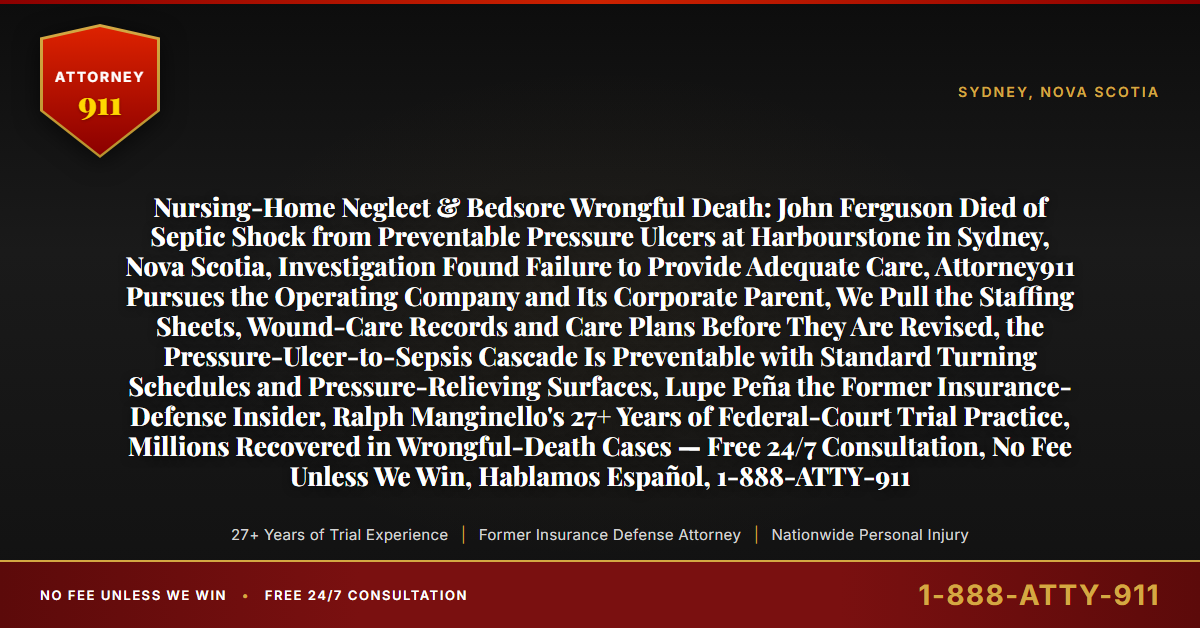 Nursing-Home Neglect & Bedsore Wrongful Death: John Ferguson Died of Septic Shock from Preventable Pressure Ulcers at Harbourstone in Sydney, Nova Scotia, Investigation Found Failure to Provide Adequate Care, Attorney911 Pursues the Operating Company and Its Corporate Parent, We Pull the Staffing Sheets, Wound-Care Records and Care Plans Before They Are Revised, the Pressure-Ulcer-to-Sepsis Cascade Is Preventable with Standard Turning Schedules and Pressure-Relieving Surfaces, Lupe Peña the Former Insurance-Defense Insider, Ralph Manginello's 27+ Years of Federal-Court Trial Practice, Millions Recovered in Wrongful-Death Cases — Free 24/7 Consultation, No Fee Unless We Win, Hablamos Español, 1-888-ATTY-911 - Attorney911