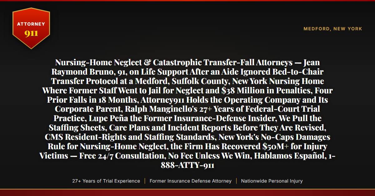 Nursing-Home Neglect & Catastrophic Transfer-Fall Attorneys — Jean Raymond Bruno, 91, on Life Support After an Aide Ignored Bed-to-Chair Transfer Protocol at a Medford, Suffolk County, New York Nursing Home Where Former Staff Went to Jail for Neglect and $38 Million in Penalties, Four Prior Falls in 18 Months, Attorney911 Holds the Operating Company and Its Corporate Parent, Ralph Manginello's 27+ Years of Federal-Court Trial Practice, Lupe Peña the Former Insurance-Defense Insider, We Pull the Staffing Sheets, Care Plans and Incident Reports Before They Are Revised, CMS Resident-Rights and Staffing Standards, New York's No-Caps Damages Rule for Nursing-Home Neglect, the Firm Has Recovered $50M+ for Injury Victims — Free 24/7 Consultation, No Fee Unless We Win, Hablamos Español, 1-888-ATTY-911 - Attorney911