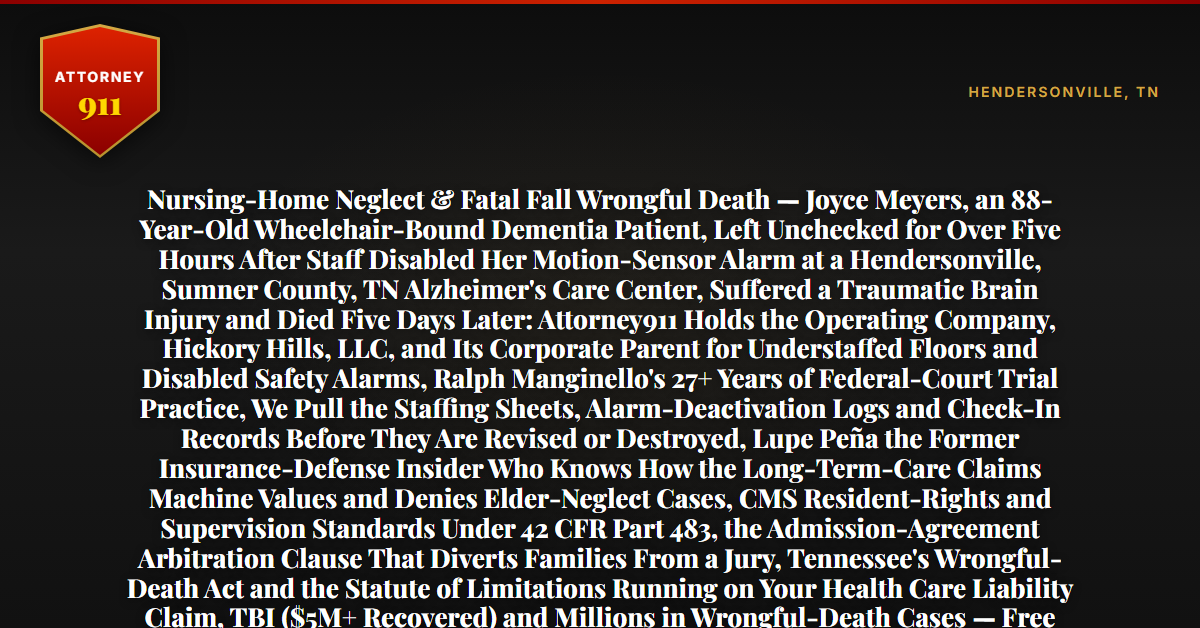 Nursing-Home Neglect & Fatal Fall Wrongful Death — Joyce Meyers, an 88-Year-Old Wheelchair-Bound Dementia Patient, Left Unchecked for Over Five Hours After Staff Disabled Her Motion-Sensor Alarm at a Hendersonville, Sumner County, TN Alzheimer's Care Center, Suffered a Traumatic Brain Injury and Died Five Days Later: Attorney911 Holds the Operating Company, Hickory Hills, LLC, and Its Corporate Parent for Understaffed Floors and Disabled Safety Alarms, Ralph Manginello's 27+ Years of Federal-Court Trial Practice, We Pull the Staffing Sheets, Alarm-Deactivation Logs and Check-In Records Before They Are Revised or Destroyed, Lupe Peña the Former Insurance-Defense Insider Who Knows How the Long-Term-Care Claims Machine Values and Denies Elder-Neglect Cases, CMS Resident-Rights and Supervision Standards Under 42 CFR Part 483, the Admission-Agreement Arbitration Clause That Diverts Families From a Jury, Tennessee's Wrongful-Death Act and the Statute of Limitations Running on Your Health Care Liability Claim, TBI ($5M+ Recovered) and Millions in Wrongful-Death Cases — Free 24/7 Consultation, No Fee Unless We Win, Hablamos Español, 1-888-ATTY-911 - Attorney911