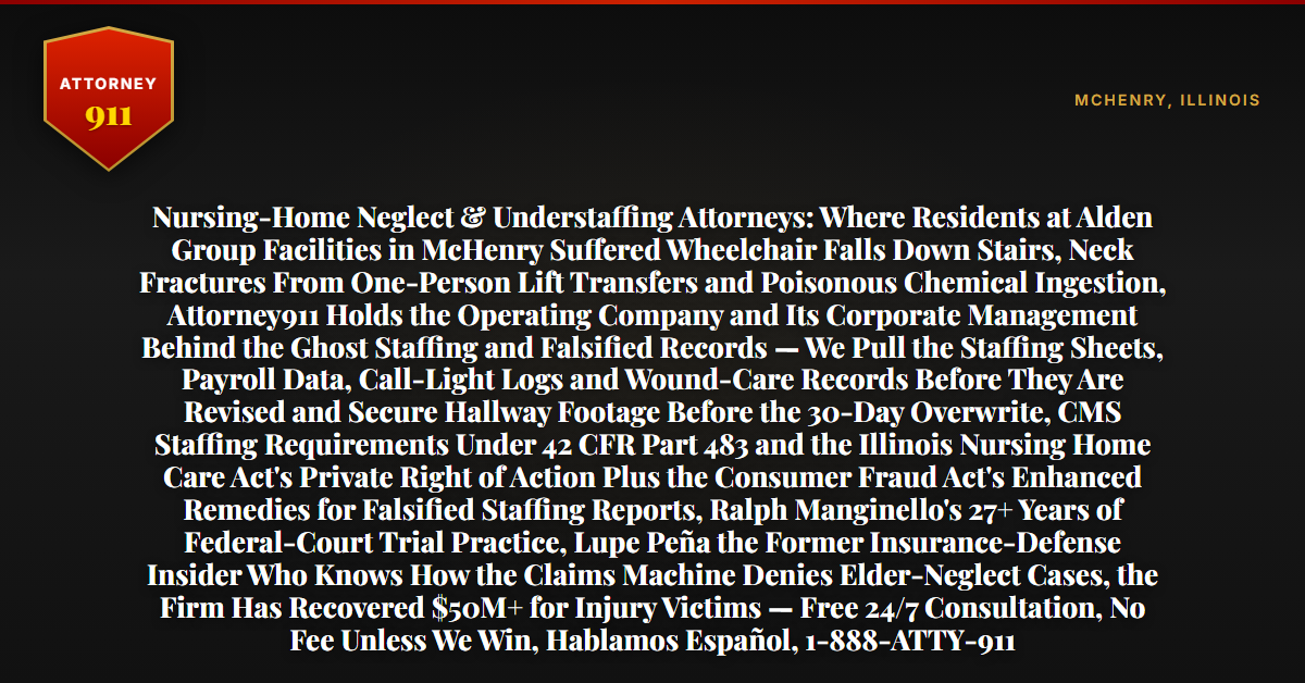 Nursing-Home Neglect & Understaffing Attorneys: Where Residents at Alden Group Facilities in McHenry Suffered Wheelchair Falls Down Stairs, Neck Fractures From One-Person Lift Transfers and Poisonous Chemical Ingestion, Attorney911 Holds the Operating Company and Its Corporate Management Behind the Ghost Staffing and Falsified Records — We Pull the Staffing Sheets, Payroll Data, Call-Light Logs and Wound-Care Records Before They Are Revised and Secure Hallway Footage Before the 30-Day Overwrite, CMS Staffing Requirements Under 42 CFR Part 483 and the Illinois Nursing Home Care Act's Private Right of Action Plus the Consumer Fraud Act's Enhanced Remedies for Falsified Staffing Reports, Ralph Manginello's 27+ Years of Federal-Court Trial Practice, Lupe Peña the Former Insurance-Defense Insider Who Knows How the Claims Machine Denies Elder-Neglect Cases, the Firm Has Recovered $50M+ for Injury Victims — Free 24/7 Consultation, No Fee Unless We Win, Hablamos Español, 1-888-ATTY-911 - Attorney911
