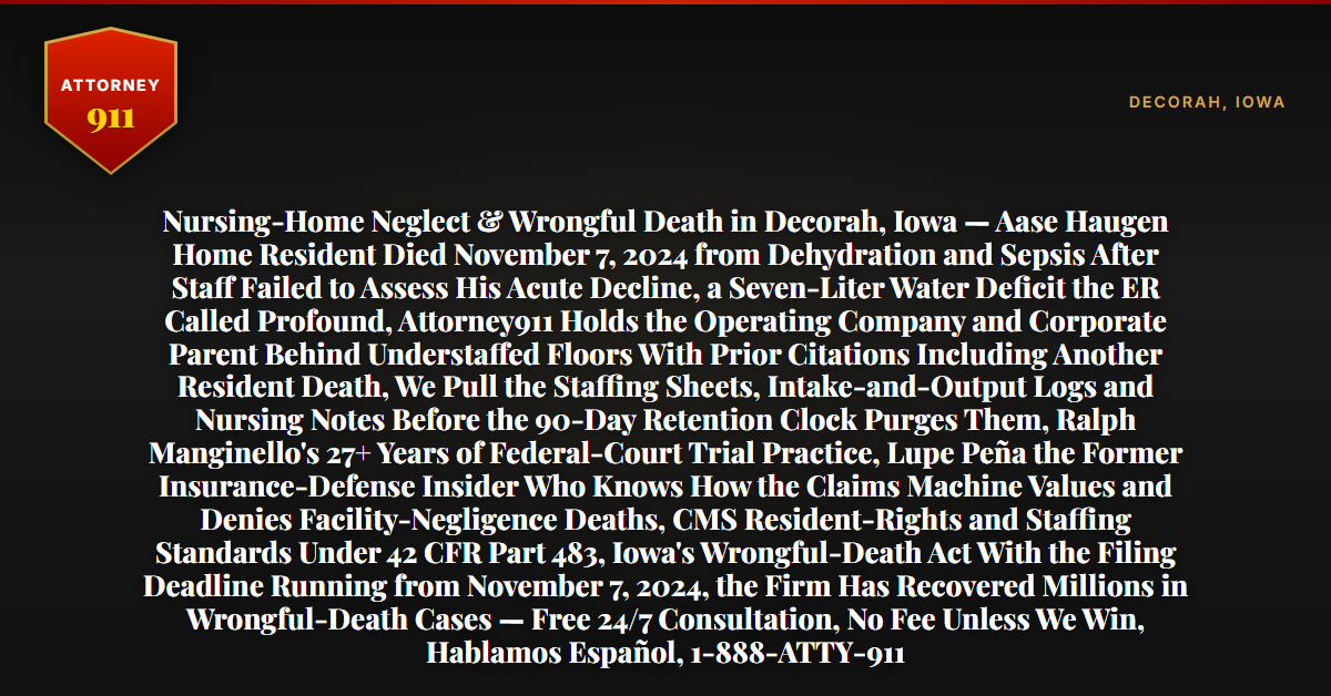 Nursing-Home Neglect & Wrongful Death in Decorah, Iowa — Aase Haugen Home Resident Died November 7, 2024 from Dehydration and Sepsis After Staff Failed to Assess His Acute Decline, a Seven-Liter Water Deficit the ER Called Profound, Attorney911 Holds the Operating Company and Corporate Parent Behind Understaffed Floors With Prior Citations Including Another Resident Death, We Pull the Staffing Sheets, Intake-and-Output Logs and Nursing Notes Before the 90-Day Retention Clock Purges Them, Ralph Manginello's 27+ Years of Federal-Court Trial Practice, Lupe Peña the Former Insurance-Defense Insider Who Knows How the Claims Machine Values and Denies Facility-Negligence Deaths, CMS Resident-Rights and Staffing Standards Under 42 CFR Part 483, Iowa's Wrongful-Death Act With the Filing Deadline Running from November 7, 2024, the Firm Has Recovered Millions in Wrongful-Death Cases — Free 24/7 Consultation, No Fee Unless We Win, Hablamos Español, 1-888-ATTY-911 - Attorney911