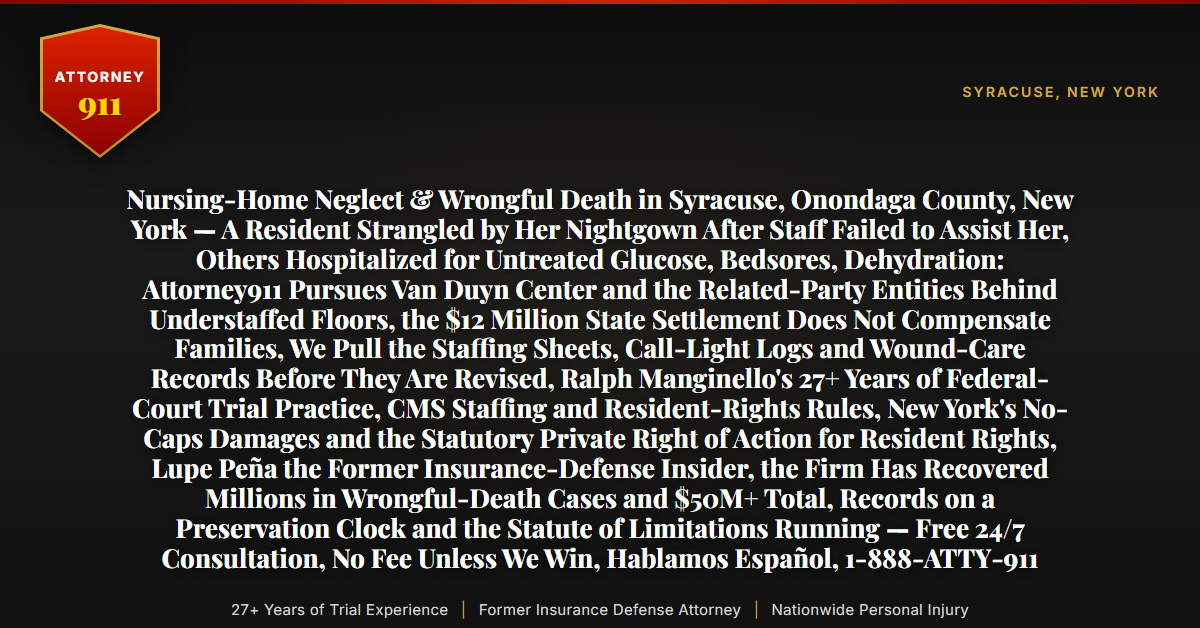 Nursing-Home Neglect & Wrongful Death in Syracuse, Onondaga County, New York — A Resident Strangled by Her Nightgown After Staff Failed to Assist Her, Others Hospitalized for Untreated Glucose, Bedsores, Dehydration: Attorney911 Pursues Van Duyn Center and the Related-Party Entities Behind Understaffed Floors, the $12 Million State Settlement Does Not Compensate Families, We Pull the Staffing Sheets, Call-Light Logs and Wound-Care Records Before They Are Revised, Ralph Manginello's 27+ Years of Federal-Court Trial Practice, CMS Staffing and Resident-Rights Rules, New York's No-Caps Damages and the Statutory Private Right of Action for Resident Rights, Lupe Peña the Former Insurance-Defense Insider, the Firm Has Recovered Millions in Wrongful-Death Cases and $50M+ Total, Records on a Preservation Clock and the Statute of Limitations Running — Free 24/7 Consultation, No Fee Unless We Win, Hablamos Español, 1-888-ATTY-911 - Attorney911
