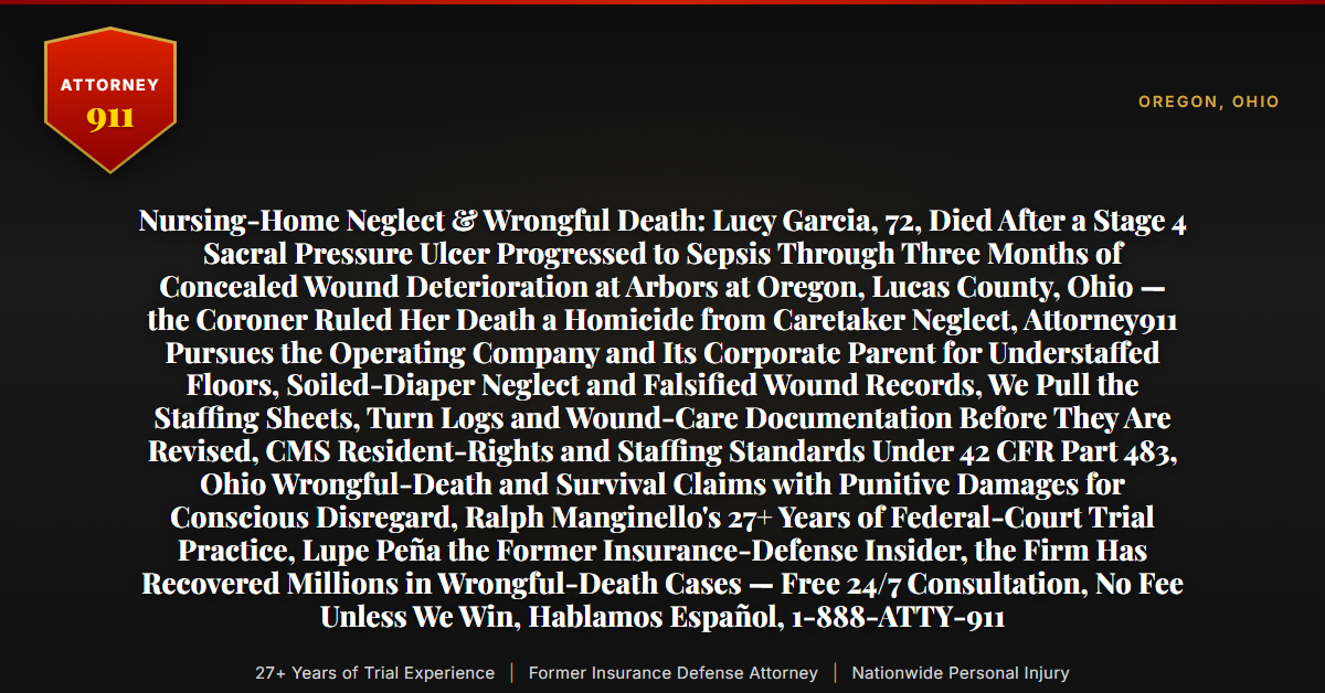Nursing-Home Neglect & Wrongful Death: Lucy Garcia, 72, Died After a Stage 4 Sacral Pressure Ulcer Progressed to Sepsis Through Three Months of Concealed Wound Deterioration at Arbors at Oregon, Lucas County, Ohio — the Coroner Ruled Her Death a Homicide from Caretaker Neglect, Attorney911 Pursues the Operating Company and Its Corporate Parent for Understaffed Floors, Soiled-Diaper Neglect and Falsified Wound Records, We Pull the Staffing Sheets, Turn Logs and Wound-Care Documentation Before They Are Revised, CMS Resident-Rights and Staffing Standards Under 42 CFR Part 483, Ohio Wrongful-Death and Survival Claims with Punitive Damages for Conscious Disregard, Ralph Manginello's 27+ Years of Federal-Court Trial Practice, Lupe Peña the Former Insurance-Defense Insider, the Firm Has Recovered Millions in Wrongful-Death Cases — Free 24/7 Consultation, No Fee Unless We Win, Hablamos Español, 1-888-ATTY-911 - Attorney911