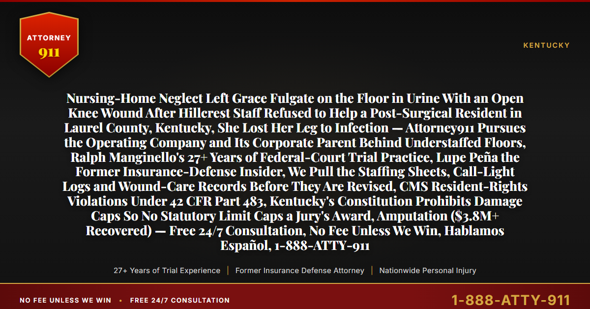 Nursing-Home Neglect Left Grace Fulgate on the Floor in Urine With an Open Knee Wound After Hillcrest Staff Refused to Help a Post-Surgical Resident in Laurel County, Kentucky, She Lost Her Leg to Infection — Attorney911 Pursues the Operating Company and Its Corporate Parent Behind Understaffed Floors, Ralph Manginello's 27+ Years of Federal-Court Trial Practice, Lupe Peña the Former Insurance-Defense Insider, We Pull the Staffing Sheets, Call-Light Logs and Wound-Care Records Before They Are Revised, CMS Resident-Rights Violations Under 42 CFR Part 483, Kentucky's Constitution Prohibits Damage Caps So No Statutory Limit Caps a Jury's Award, Amputation ($3.8M+ Recovered) — Free 24/7 Consultation, No Fee Unless We Win, Hablamos Español, 1-888-ATTY-911 - Attorney911