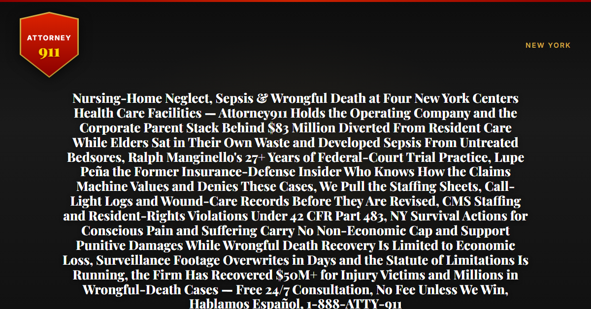 Nursing-Home Neglect, Sepsis & Wrongful Death at Four New York Centers Health Care Facilities — Attorney911 Holds the Operating Company and the Corporate Parent Stack Behind $83 Million Diverted From Resident Care While Elders Sat in Their Own Waste and Developed Sepsis From Untreated Bedsores, Ralph Manginello's 27+ Years of Federal-Court Trial Practice, Lupe Peña the Former Insurance-Defense Insider Who Knows How the Claims Machine Values and Denies These Cases, We Pull the Staffing Sheets, Call-Light Logs and Wound-Care Records Before They Are Revised, CMS Staffing and Resident-Rights Violations Under 42 CFR Part 483, NY Survival Actions for Conscious Pain and Suffering Carry No Non-Economic Cap and Support Punitive Damages While Wrongful Death Recovery Is Limited to Economic Loss, Surveillance Footage Overwrites in Days and the Statute of Limitations Is Running, the Firm Has Recovered $50M+ for Injury Victims and Millions in Wrongful-Death Cases — Free 24/7 Consultation, No Fee Unless We Win, Hablamos Español, 1-888-ATTY-911 - Attorney911