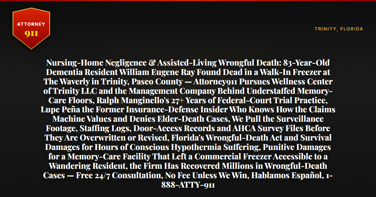 Nursing-Home Negligence & Assisted-Living Wrongful Death: 83-Year-Old Dementia Resident William Eugene Ray Found Dead in a Walk-In Freezer at The Waverly in Trinity, Pasco County — Attorney911 Pursues Wellness Center of Trinity LLC and the Management Company Behind Understaffed Memory-Care Floors, Ralph Manginello's 27+ Years of Federal-Court Trial Practice, Lupe Peña the Former Insurance-Defense Insider Who Knows How the Claims Machine Values and Denies Elder-Death Cases, We Pull the Surveillance Footage, Staffing Logs, Door-Access Records and AHCA Survey Files Before They Are Overwritten or Revised, Florida's Wrongful-Death Act and Survival Damages for Hours of Conscious Hypothermia Suffering, Punitive Damages for a Memory-Care Facility That Left a Commercial Freezer Accessible to a Wandering Resident, the Firm Has Recovered Millions in Wrongful-Death Cases — Free 24/7 Consultation, No Fee Unless We Win, Hablamos Español, 1-888-ATTY-911 - Attorney911