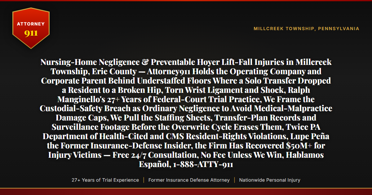 Nursing-Home Negligence & Preventable Hoyer Lift-Fall Injuries in Millcreek Township, Erie County — Attorney911 Holds the Operating Company and Corporate Parent Behind Understaffed Floors Where a Solo Transfer Dropped a Resident to a Broken Hip, Torn Wrist Ligament and Shock, Ralph Manginello's 27+ Years of Federal-Court Trial Practice, We Frame the Custodial-Safety Breach as Ordinary Negligence to Avoid Medical-Malpractice Damage Caps, We Pull the Staffing Sheets, Transfer-Plan Records and Surveillance Footage Before the Overwrite Cycle Erases Them, Twice PA Department of Health-Cited and CMS Resident-Rights Violations, Lupe Peña the Former Insurance-Defense Insider, the Firm Has Recovered $50M+ for Injury Victims — Free 24/7 Consultation, No Fee Unless We Win, Hablamos Español, 1-888-ATTY-911 - Attorney911