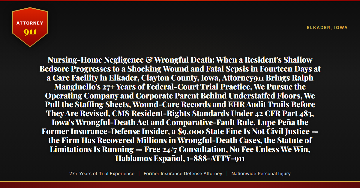 Nursing-Home Negligence & Wrongful Death: When a Resident's Shallow Bedsore Progresses to a Shocking Wound and Fatal Sepsis in Fourteen Days at a Care Facility in Elkader, Clayton County, Iowa, Attorney911 Brings Ralph Manginello's 27+ Years of Federal-Court Trial Practice, We Pursue the Operating Company and Corporate Parent Behind Understaffed Floors, We Pull the Staffing Sheets, Wound-Care Records and EHR Audit Trails Before They Are Revised, CMS Resident-Rights Standards Under 42 CFR Part 483, Iowa's Wrongful-Death Act and Comparative-Fault Rule, Lupe Peña the Former Insurance-Defense Insider, a $9,000 State Fine Is Not Civil Justice — the Firm Has Recovered Millions in Wrongful-Death Cases, the Statute of Limitations Is Running — Free 24/7 Consultation, No Fee Unless We Win, Hablamos Español, 1-888-ATTY-911 - Attorney911