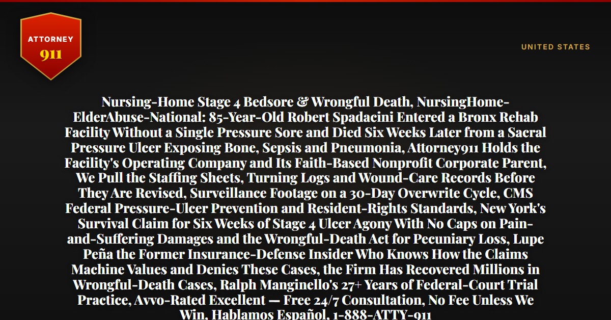 Nursing-Home Stage 4 Bedsore & Wrongful Death, NursingHome-ElderAbuse-National: 85-Year-Old Robert Spadacini Entered a Bronx Rehab Facility Without a Single Pressure Sore and Died Six Weeks Later from a Sacral Pressure Ulcer Exposing Bone, Sepsis and Pneumonia, Attorney911 Holds the Facility's Operating Company and Its Faith-Based Nonprofit Corporate Parent, We Pull the Staffing Sheets, Turning Logs and Wound-Care Records Before They Are Revised, Surveillance Footage on a 30-Day Overwrite Cycle, CMS Federal Pressure-Ulcer Prevention and Resident-Rights Standards, New York's Survival Claim for Six Weeks of Stage 4 Ulcer Agony With No Caps on Pain-and-Suffering Damages and the Wrongful-Death Act for Pecuniary Loss, Lupe Peña the Former Insurance-Defense Insider Who Knows How the Claims Machine Values and Denies These Cases, the Firm Has Recovered Millions in Wrongful-Death Cases, Ralph Manginello's 27+ Years of Federal-Court Trial Practice, Avvo-Rated Excellent — Free 24/7 Consultation, No Fee Unless We Win, Hablamos Español, 1-888-ATTY-911 - Attorney911