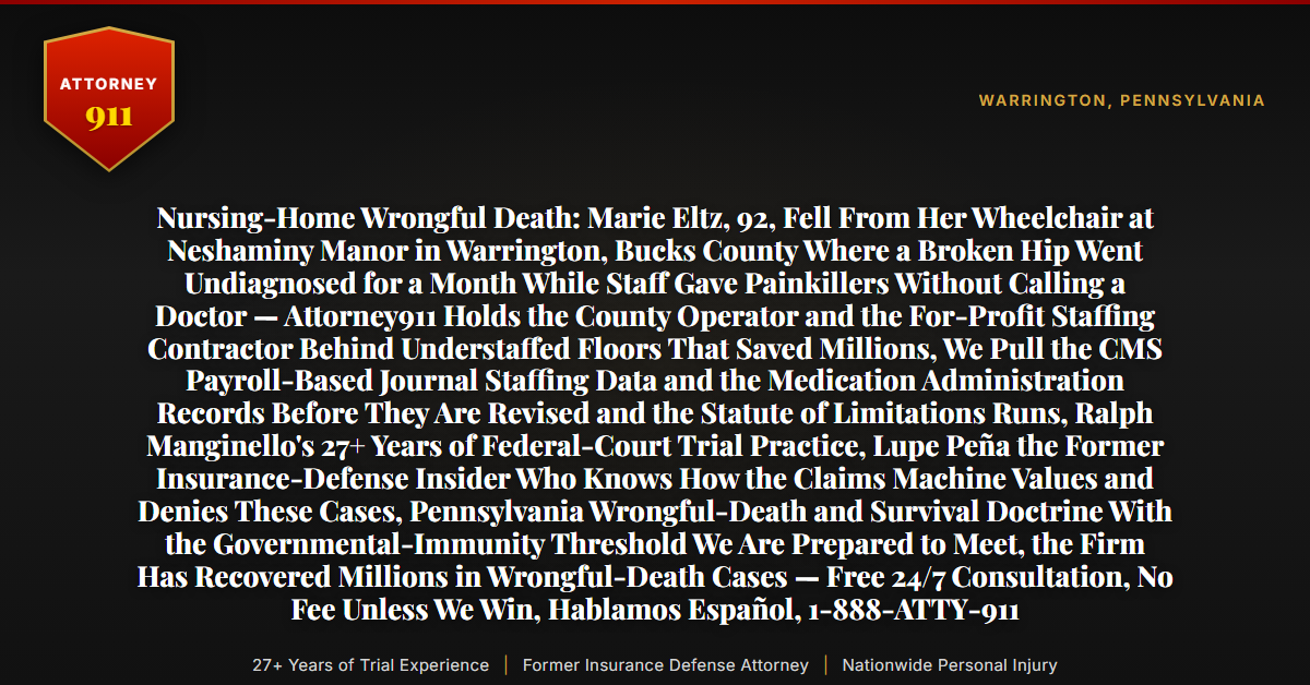 Nursing-Home Wrongful Death: Marie Eltz, 92, Fell From Her Wheelchair at Neshaminy Manor in Warrington, Bucks County Where a Broken Hip Went Undiagnosed for a Month While Staff Gave Painkillers Without Calling a Doctor — Attorney911 Holds the County Operator and the For-Profit Staffing Contractor Behind Understaffed Floors That Saved Millions, We Pull the CMS Payroll-Based Journal Staffing Data and the Medication Administration Records Before They Are Revised and the Statute of Limitations Runs, Ralph Manginello's 27+ Years of Federal-Court Trial Practice, Lupe Peña the Former Insurance-Defense Insider Who Knows How the Claims Machine Values and Denies These Cases, Pennsylvania Wrongful-Death and Survival Doctrine With the Governmental-Immunity Threshold We Are Prepared to Meet, the Firm Has Recovered Millions in Wrongful-Death Cases — Free 24/7 Consultation, No Fee Unless We Win, Hablamos Español, 1-888-ATTY-911 - Attorney911