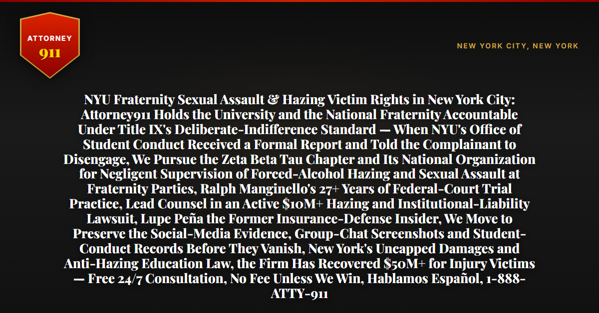 NYU Fraternity Sexual Assault & Hazing Victim Rights in New York City: Attorney911 Holds the University and the National Fraternity Accountable Under Title IX's Deliberate-Indifference Standard — When NYU's Office of Student Conduct Received a Formal Report and Told the Complainant to Disengage, We Pursue the Zeta Beta Tau Chapter and Its National Organization for Negligent Supervision of Forced-Alcohol Hazing and Sexual Assault at Fraternity Parties, Ralph Manginello's 27+ Years of Federal-Court Trial Practice, Lead Counsel in an Active $10M+ Hazing and Institutional-Liability Lawsuit, Lupe Peña the Former Insurance-Defense Insider, We Move to Preserve the Social-Media Evidence, Group-Chat Screenshots and Student-Conduct Records Before They Vanish, New York's Uncapped Damages and Anti-Hazing Education Law, the Firm Has Recovered $50M+ for Injury Victims — Free 24/7 Consultation, No Fee Unless We Win, Hablamos Español, 1-888-ATTY-911 - Attorney911