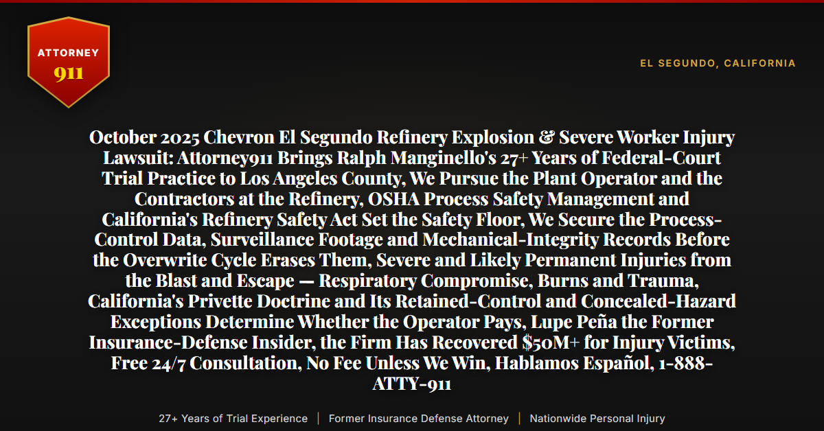 October 2025 Chevron El Segundo Refinery Explosion & Severe Worker Injury Lawsuit: Attorney911 Brings Ralph Manginello's 27+ Years of Federal-Court Trial Practice to Los Angeles County, We Pursue the Plant Operator and the Contractors at the Refinery, OSHA Process Safety Management and California's Refinery Safety Act Set the Safety Floor, We Secure the Process-Control Data, Surveillance Footage and Mechanical-Integrity Records Before the Overwrite Cycle Erases Them, Severe and Likely Permanent Injuries from the Blast and Escape — Respiratory Compromise, Burns and Trauma, California's Privette Doctrine and Its Retained-Control and Concealed-Hazard Exceptions Determine Whether the Operator Pays, Lupe Peña the Former Insurance-Defense Insider, the Firm Has Recovered $50M+ for Injury Victims, Free 24/7 Consultation, No Fee Unless We Win, Hablamos Español, 1-888-ATTY-911 - Attorney911