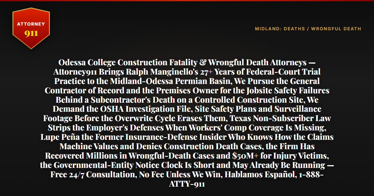 Odessa College Construction Fatality & Wrongful Death Attorneys — Attorney911 Brings Ralph Manginello's 27+ Years of Federal-Court Trial Practice to the Midland-Odessa Permian Basin, We Pursue the General Contractor of Record and the Premises Owner for the Jobsite Safety Failures Behind a Subcontractor's Death on a Controlled Construction Site, We Demand the OSHA Investigation File, Site Safety Plans and Surveillance Footage Before the Overwrite Cycle Erases Them, Texas Non-Subscriber Law Strips the Employer's Defenses When Workers' Comp Coverage Is Missing, Lupe Peña the Former Insurance-Defense Insider Who Knows How the Claims Machine Values and Denies Construction Death Cases, the Firm Has Recovered Millions in Wrongful-Death Cases and $50M+ for Injury Victims, the Governmental-Entity Notice Clock Is Short and May Already Be Running — Free 24/7 Consultation, No Fee Unless We Win, Hablamos Español, 1-888-ATTY-911 - Attorney911