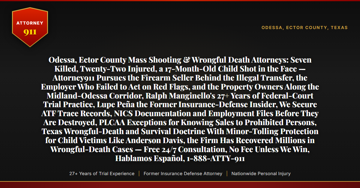 Odessa, Ector County Mass Shooting & Wrongful Death Attorneys: Seven Killed, Twenty-Two Injured, a 17-Month-Old Child Shot in the Face — Attorney911 Pursues the Firearm Seller Behind the Illegal Transfer, the Employer Who Failed to Act on Red Flags, and the Property Owners Along the Midland-Odessa Corridor, Ralph Manginello's 27+ Years of Federal-Court Trial Practice, Lupe Peña the Former Insurance-Defense Insider, We Secure ATF Trace Records, NICS Documentation and Employment Files Before They Are Destroyed, PLCAA Exceptions for Knowing Sales to Prohibited Persons, Texas Wrongful-Death and Survival Doctrine With Minor-Tolling Protection for Child Victims Like Anderson Davis, the Firm Has Recovered Millions in Wrongful-Death Cases — Free 24/7 Consultation, No Fee Unless We Win, Hablamos Español, 1-888-ATTY-911 - Attorney911