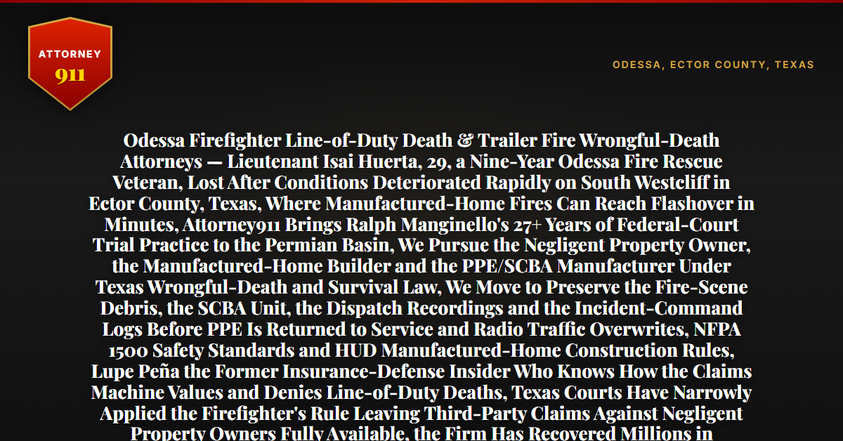 Odessa Firefighter Line-of-Duty Death & Trailer Fire Wrongful-Death Attorneys — Lieutenant Isai Huerta, 29, a Nine-Year Odessa Fire Rescue Veteran, Lost After Conditions Deteriorated Rapidly on South Westcliff in Ector County, Texas, Where Manufactured-Home Fires Can Reach Flashover in Minutes, Attorney911 Brings Ralph Manginello's 27+ Years of Federal-Court Trial Practice to the Permian Basin, We Pursue the Negligent Property Owner, the Manufactured-Home Builder and the PPE/SCBA Manufacturer Under Texas Wrongful-Death and Survival Law, We Move to Preserve the Fire-Scene Debris, the SCBA Unit, the Dispatch Recordings and the Incident-Command Logs Before PPE Is Returned to Service and Radio Traffic Overwrites, NFPA 1500 Safety Standards and HUD Manufactured-Home Construction Rules, Lupe Peña the Former Insurance-Defense Insider Who Knows How the Claims Machine Values and Denies Line-of-Duty Deaths, Texas Courts Have Narrowly Applied the Firefighter's Rule Leaving Third-Party Claims Against Negligent Property Owners Fully Available, the Firm Has Recovered Millions in Wrongful-Death Cases — Free 24/7 Consultation, No Fee Unless We Win, Hablamos Español, 1-888-ATTY-911 - Attorney911
