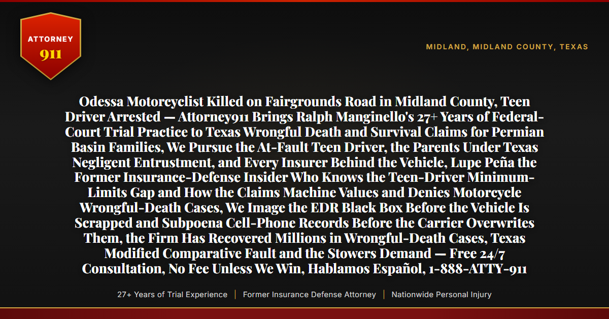 Odessa Motorcyclist Killed on Fairgrounds Road in Midland County, Teen Driver Arrested — Attorney911 Brings Ralph Manginello's 27+ Years of Federal-Court Trial Practice to Texas Wrongful Death and Survival Claims for Permian Basin Families, We Pursue the At-Fault Teen Driver, the Parents Under Texas Negligent Entrustment, and Every Insurer Behind the Vehicle, Lupe Peña the Former Insurance-Defense Insider Who Knows the Teen-Driver Minimum-Limits Gap and How the Claims Machine Values and Denies Motorcycle Wrongful-Death Cases, We Image the EDR Black Box Before the Vehicle Is Scrapped and Subpoena Cell-Phone Records Before the Carrier Overwrites Them, the Firm Has Recovered Millions in Wrongful-Death Cases, Texas Modified Comparative Fault and the Stowers Demand — Free 24/7 Consultation, No Fee Unless We Win, Hablamos Español, 1-888-ATTY-911 - Attorney911