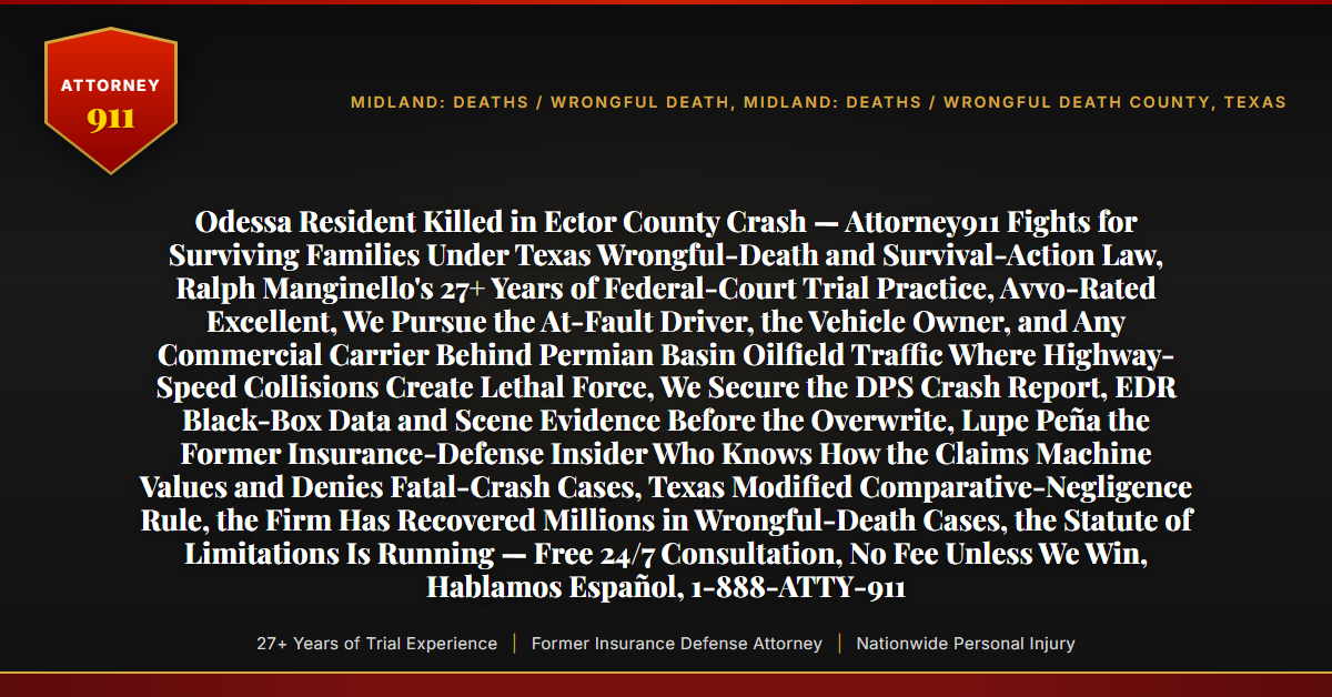 Odessa Resident Killed in Ector County Crash — Attorney911 Fights for Surviving Families Under Texas Wrongful-Death and Survival-Action Law, Ralph Manginello's 27+ Years of Federal-Court Trial Practice, Avvo-Rated Excellent, We Pursue the At-Fault Driver, the Vehicle Owner, and Any Commercial Carrier Behind Permian Basin Oilfield Traffic Where Highway-Speed Collisions Create Lethal Force, We Secure the DPS Crash Report, EDR Black-Box Data and Scene Evidence Before the Overwrite, Lupe Peña the Former Insurance-Defense Insider Who Knows How the Claims Machine Values and Denies Fatal-Crash Cases, Texas Modified Comparative-Negligence Rule, the Firm Has Recovered Millions in Wrongful-Death Cases, the Statute of Limitations Is Running — Free 24/7 Consultation, No Fee Unless We Win, Hablamos Español, 1-888-ATTY-911 - Attorney911