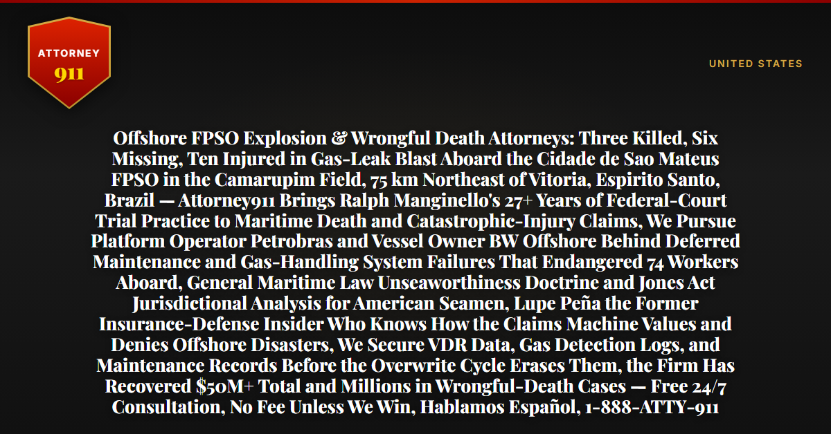 Offshore FPSO Explosion & Wrongful Death Attorneys: Three Killed, Six Missing, Ten Injured in Gas-Leak Blast Aboard the Cidade de Sao Mateus FPSO in the Camarupim Field, 75 km Northeast of Vitoria, Espirito Santo, Brazil — Attorney911 Brings Ralph Manginello's 27+ Years of Federal-Court Trial Practice to Maritime Death and Catastrophic-Injury Claims, We Pursue Platform Operator Petrobras and Vessel Owner BW Offshore Behind Deferred Maintenance and Gas-Handling System Failures That Endangered 74 Workers Aboard, General Maritime Law Unseaworthiness Doctrine and Jones Act Jurisdictional Analysis for American Seamen, Lupe Peña the Former Insurance-Defense Insider Who Knows How the Claims Machine Values and Denies Offshore Disasters, We Secure VDR Data, Gas Detection Logs, and Maintenance Records Before the Overwrite Cycle Erases Them, the Firm Has Recovered $50M+ Total and Millions in Wrongful-Death Cases — Free 24/7 Consultation, No Fee Unless We Win, Hablamos Español, 1-888-ATTY-911 - Attorney911