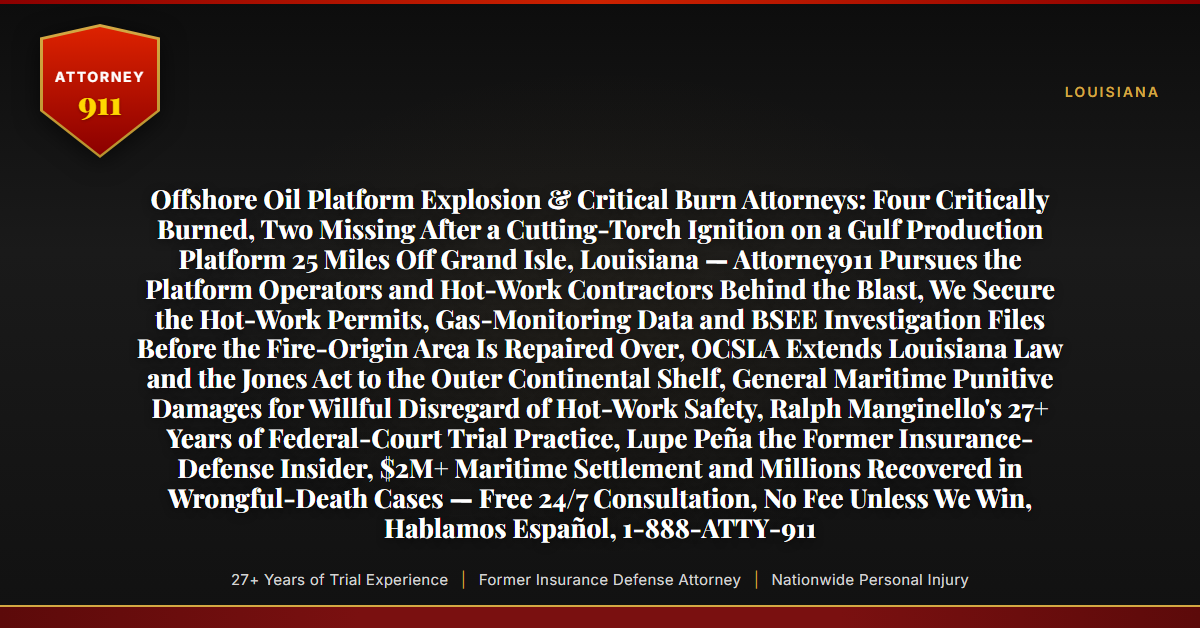 Offshore Oil Platform Explosion & Critical Burn Attorneys: Four Critically Burned, Two Missing After a Cutting-Torch Ignition on a Gulf Production Platform 25 Miles Off Grand Isle, Louisiana — Attorney911 Pursues the Platform Operators and Hot-Work Contractors Behind the Blast, We Secure the Hot-Work Permits, Gas-Monitoring Data and BSEE Investigation Files Before the Fire-Origin Area Is Repaired Over, OCSLA Extends Louisiana Law and the Jones Act to the Outer Continental Shelf, General Maritime Punitive Damages for Willful Disregard of Hot-Work Safety, Ralph Manginello's 27+ Years of Federal-Court Trial Practice, Lupe Peña the Former Insurance-Defense Insider, $2M+ Maritime Settlement and Millions Recovered in Wrongful-Death Cases — Free 24/7 Consultation, No Fee Unless We Win, Hablamos Español, 1-888-ATTY-911 - Attorney911
