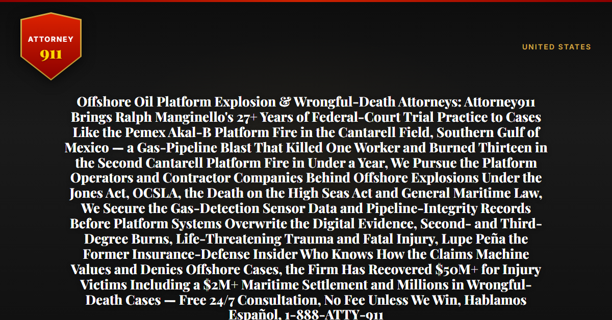Offshore Oil Platform Explosion & Wrongful-Death Attorneys: Attorney911 Brings Ralph Manginello's 27+ Years of Federal-Court Trial Practice to Cases Like the Pemex Akal-B Platform Fire in the Cantarell Field, Southern Gulf of Mexico — a Gas-Pipeline Blast That Killed One Worker and Burned Thirteen in the Second Cantarell Platform Fire in Under a Year, We Pursue the Platform Operators and Contractor Companies Behind Offshore Explosions Under the Jones Act, OCSLA, the Death on the High Seas Act and General Maritime Law, We Secure the Gas-Detection Sensor Data and Pipeline-Integrity Records Before Platform Systems Overwrite the Digital Evidence, Second- and Third-Degree Burns, Life-Threatening Trauma and Fatal Injury, Lupe Peña the Former Insurance-Defense Insider Who Knows How the Claims Machine Values and Denies Offshore Cases, the Firm Has Recovered $50M+ for Injury Victims Including a $2M+ Maritime Settlement and Millions in Wrongful-Death Cases — Free 24/7 Consultation, No Fee Unless We Win, Hablamos Español, 1-888-ATTY-911 - Attorney911