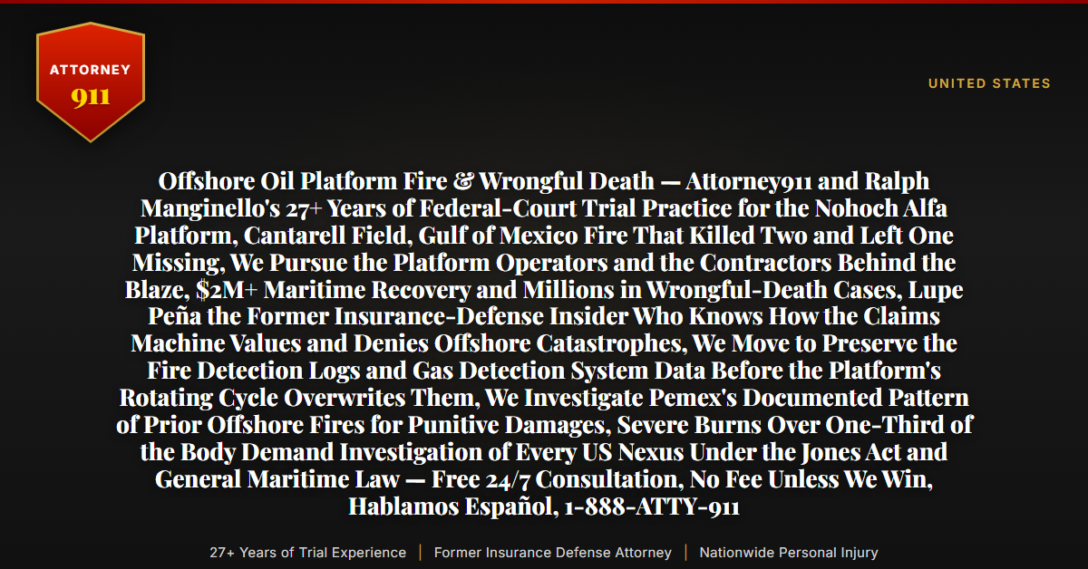 Offshore Oil Platform Fire & Wrongful Death — Attorney911 and Ralph Manginello's 27+ Years of Federal-Court Trial Practice for the Nohoch Alfa Platform, Cantarell Field, Gulf of Mexico Fire That Killed Two and Left One Missing, We Pursue the Platform Operators and the Contractors Behind the Blaze, $2M+ Maritime Recovery and Millions in Wrongful-Death Cases, Lupe Peña the Former Insurance-Defense Insider Who Knows How the Claims Machine Values and Denies Offshore Catastrophes, We Move to Preserve the Fire Detection Logs and Gas Detection System Data Before the Platform's Rotating Cycle Overwrites Them, We Investigate Pemex's Documented Pattern of Prior Offshore Fires for Punitive Damages, Severe Burns Over One-Third of the Body Demand Investigation of Every US Nexus Under the Jones Act and General Maritime Law — Free 24/7 Consultation, No Fee Unless We Win, Hablamos Español, 1-888-ATTY-911 - Attorney911