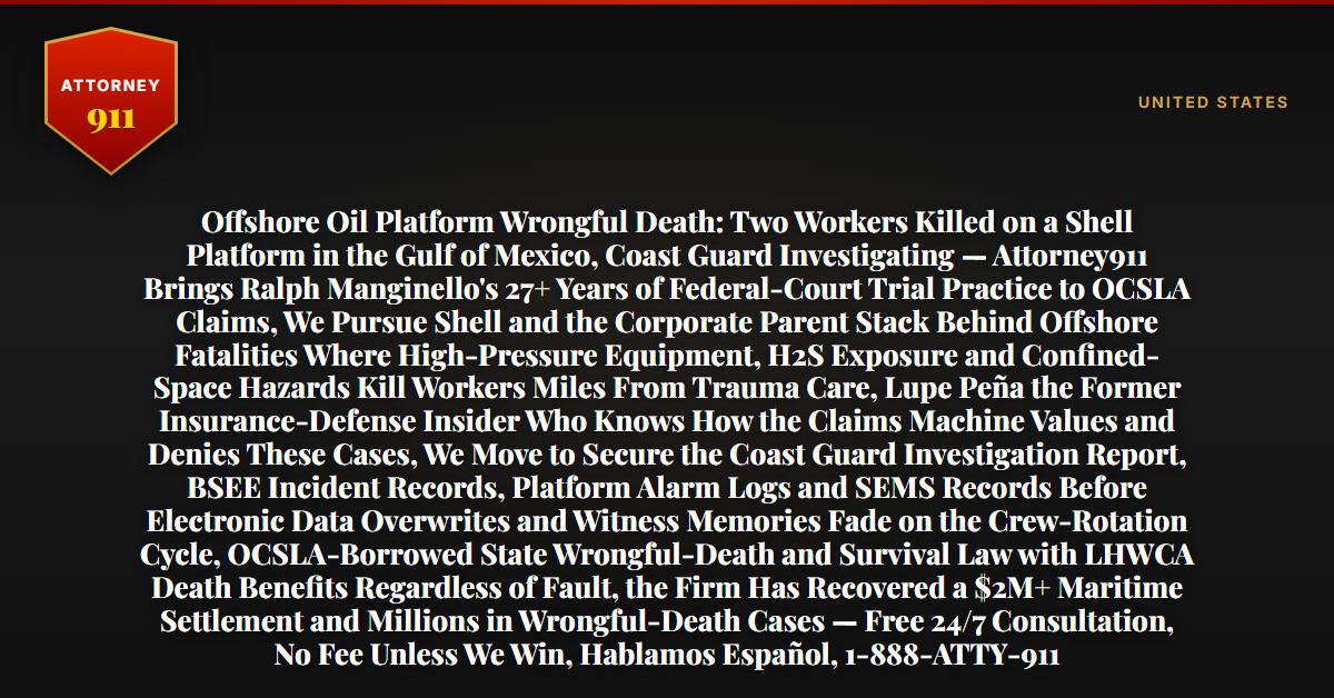 Offshore Oil Platform Wrongful Death: Two Workers Killed on a Shell Platform in the Gulf of Mexico, Coast Guard Investigating — Attorney911 Brings Ralph Manginello's 27+ Years of Federal-Court Trial Practice to OCSLA Claims, We Pursue Shell and the Corporate Parent Stack Behind Offshore Fatalities Where High-Pressure Equipment, H2S Exposure and Confined-Space Hazards Kill Workers Miles From Trauma Care, Lupe Peña the Former Insurance-Defense Insider Who Knows How the Claims Machine Values and Denies These Cases, We Move to Secure the Coast Guard Investigation Report, BSEE Incident Records, Platform Alarm Logs and SEMS Records Before Electronic Data Overwrites and Witness Memories Fade on the Crew-Rotation Cycle, OCSLA-Borrowed State Wrongful-Death and Survival Law with LHWCA Death Benefits Regardless of Fault, the Firm Has Recovered a $2M+ Maritime Settlement and Millions in Wrongful-Death Cases — Free 24/7 Consultation, No Fee Unless We Win, Hablamos Español, 1-888-ATTY-911 - Attorney911